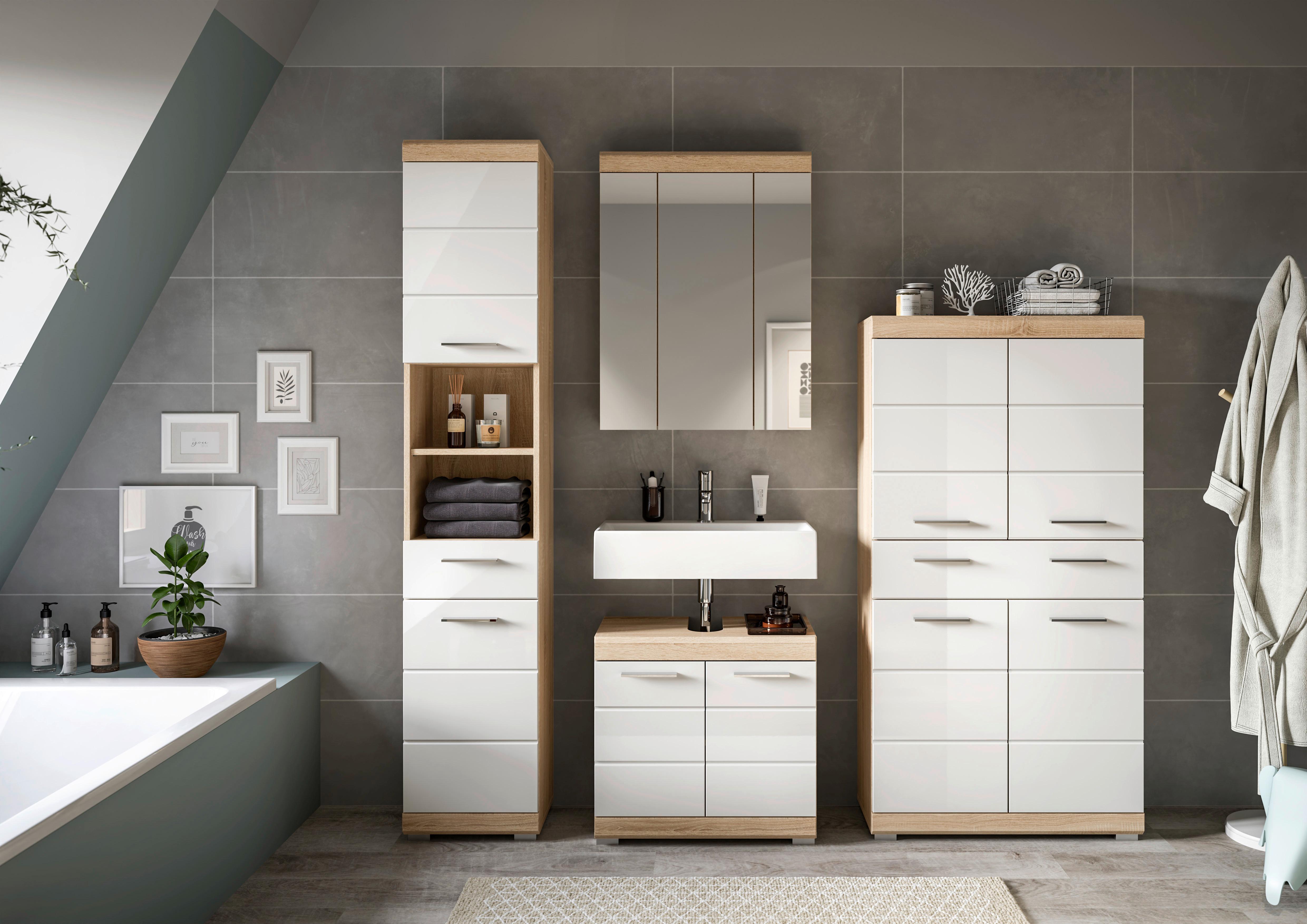 Badezimmer Lambada Eiche Dekor/Weiß B: 171 cm - Weiß Hochglanz/Silberfarben, MODERN, Glas/Holzwerkstoff (171cm) - MID.YOU
