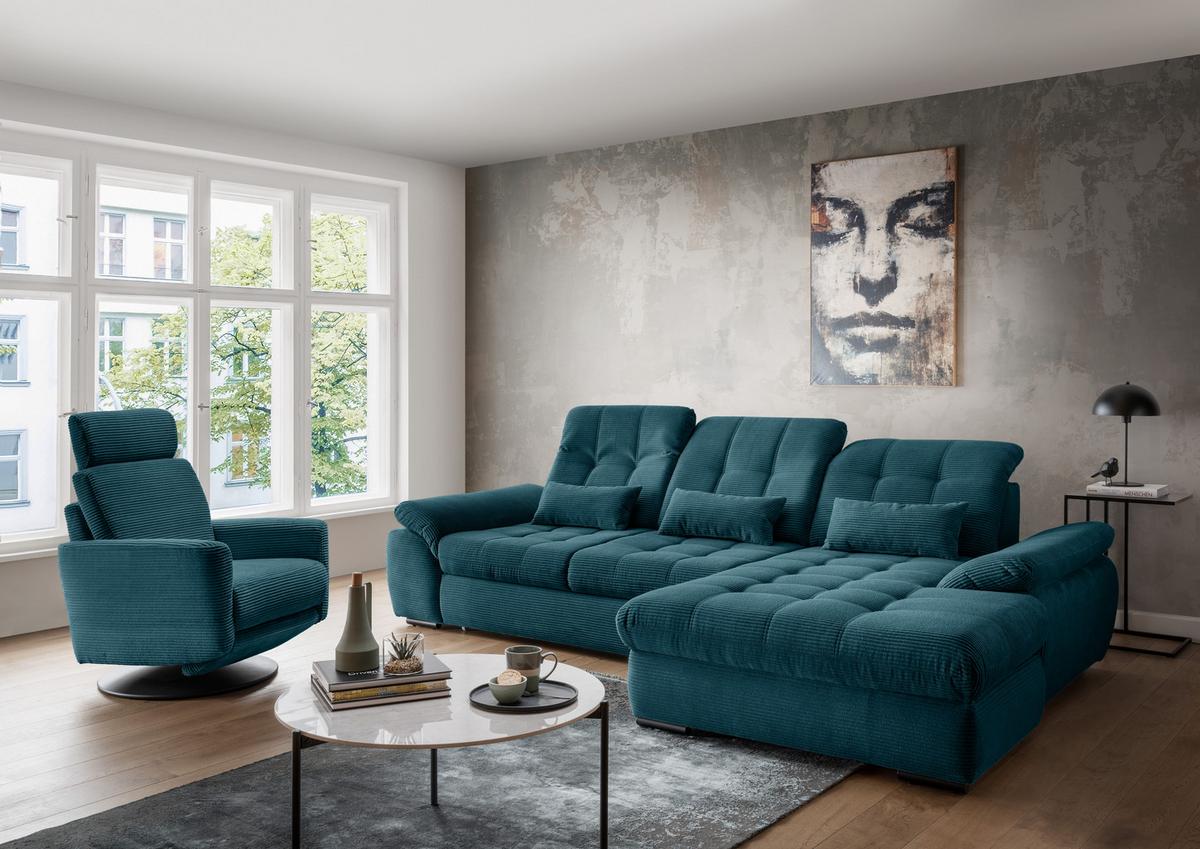 Ecksofa mit Bettkasten Rigatti Petrol S: 314x184 cm - Petrol/Schwarz, MODERN, Textil (314/184cm) - Livetastic