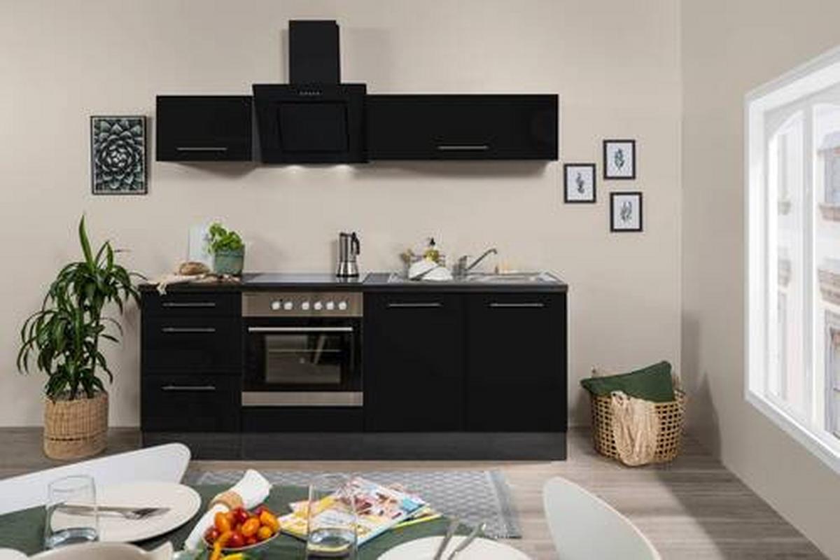 Küchenzeile mit Geräten 210 cm Schwarz Hochglanz - Schwarz/Grau, Basics, Holzwerkstoff (210cm) - Respekta