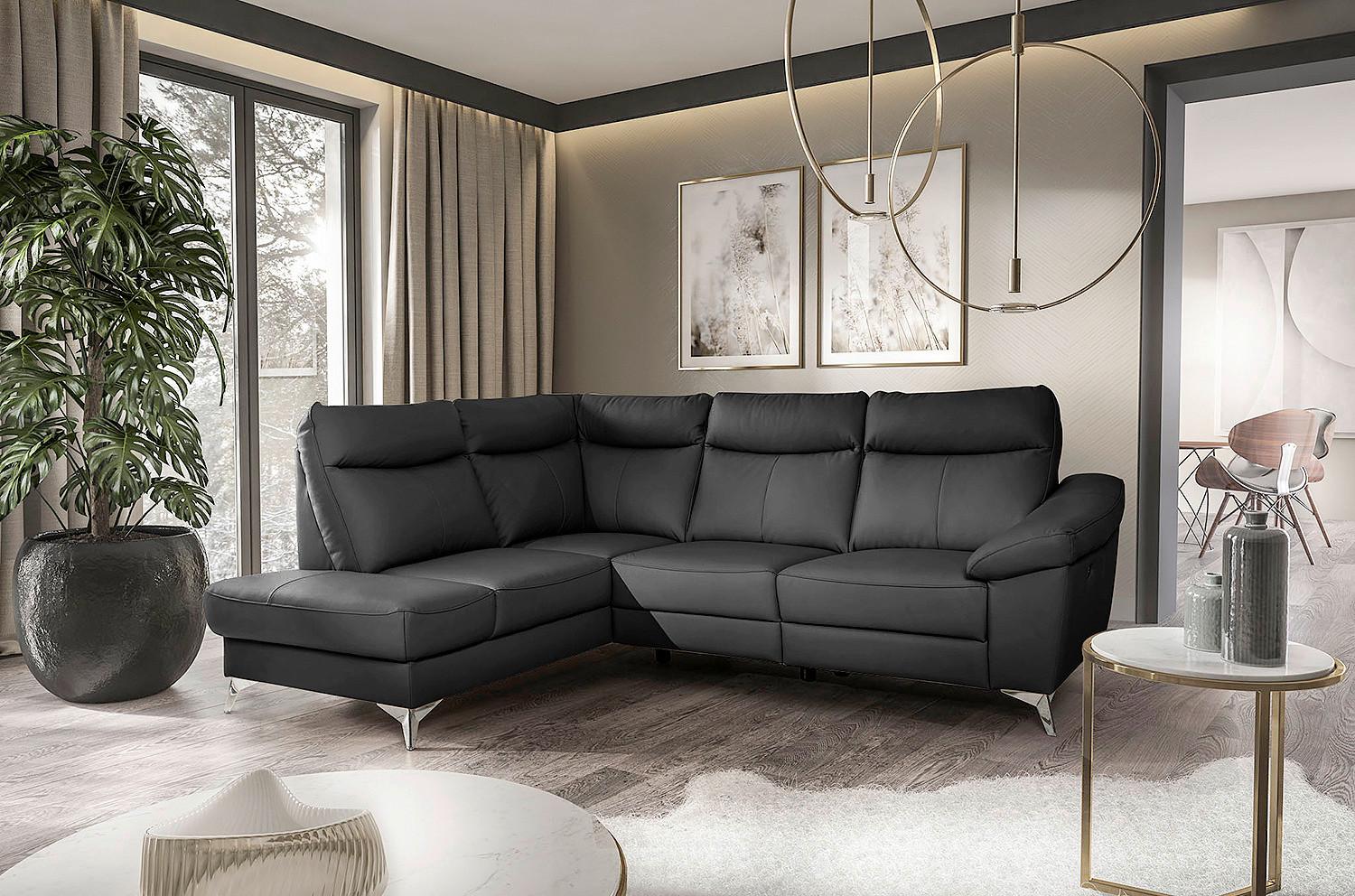 Ecksofa Luna Teilleder schwarz 194x242 - Chromfarben/Schwarz, Design, Leder/Textil (194/242cm) - Livetastic