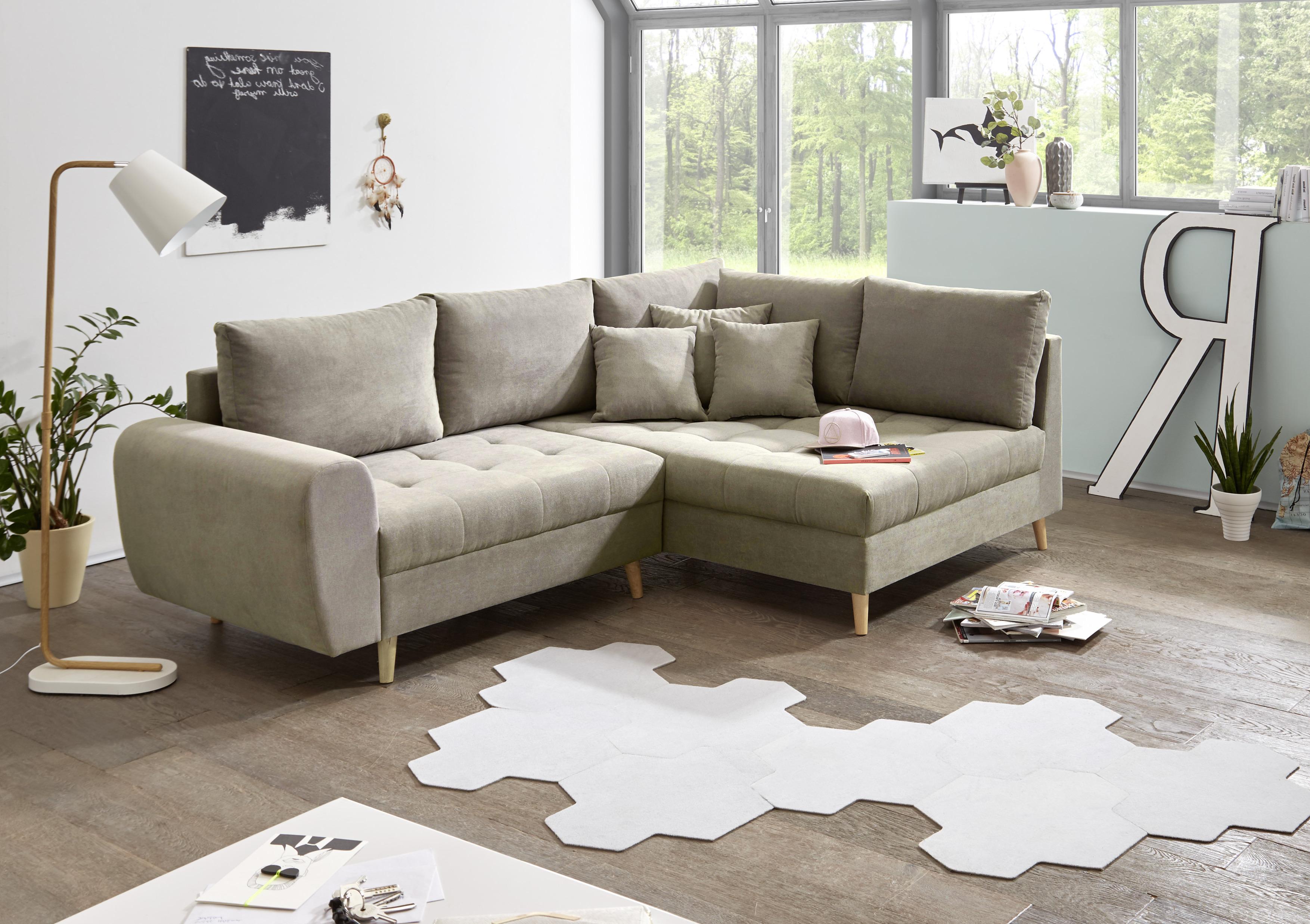 Ecksofa mit Holzfüßen + Kissen Alice, Webstoff - Sandfarben/Kieferfarben, KONVENTIONELL, Holzwerkstoff/Textil (249/175cm) - MID.YOU
