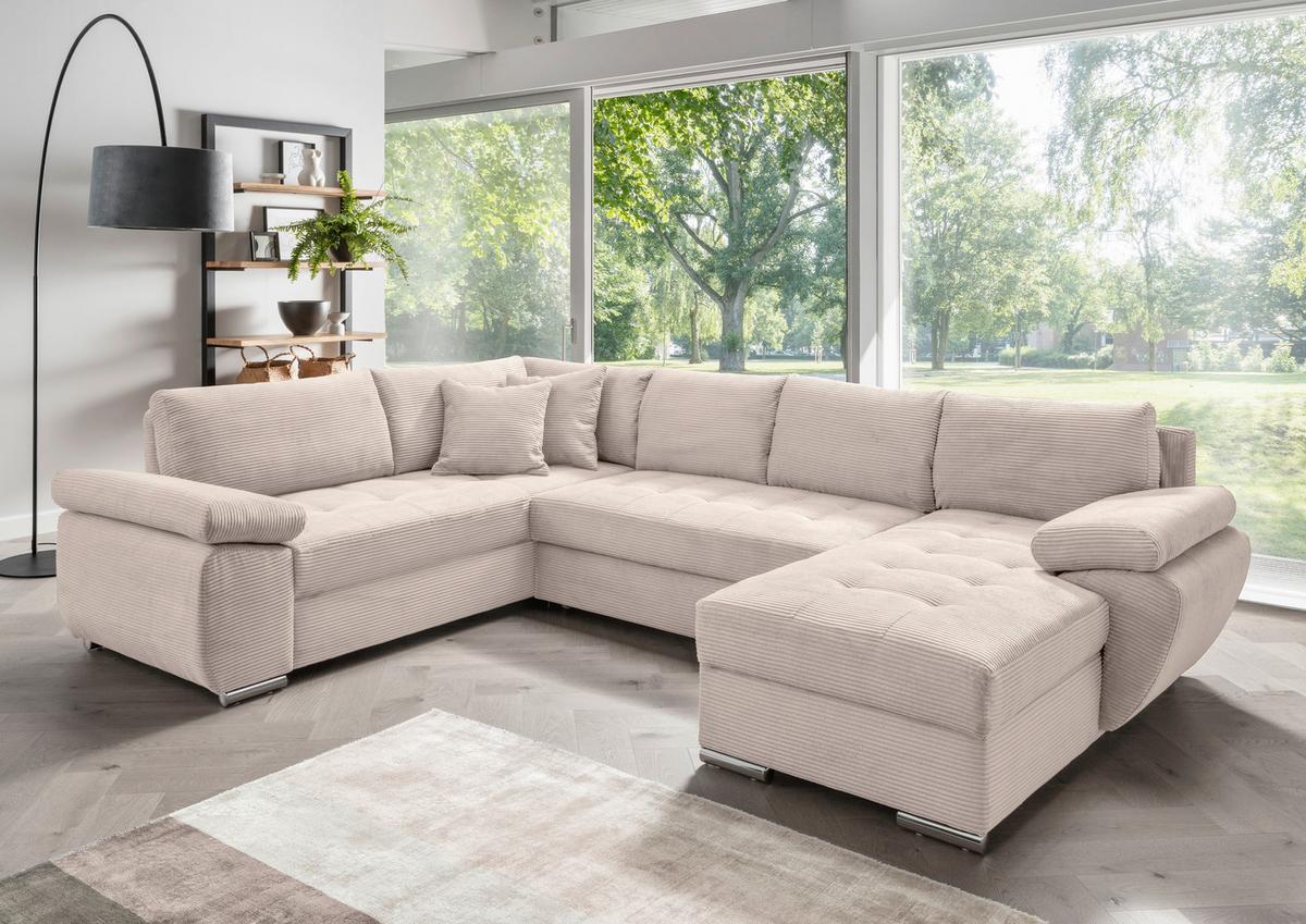 Wohnlandschaft Terana mit Schlaffunktion, Beige - Chromfarben/Beige, KONVENTIONELL, Textil (219/305/157cm) - P & B