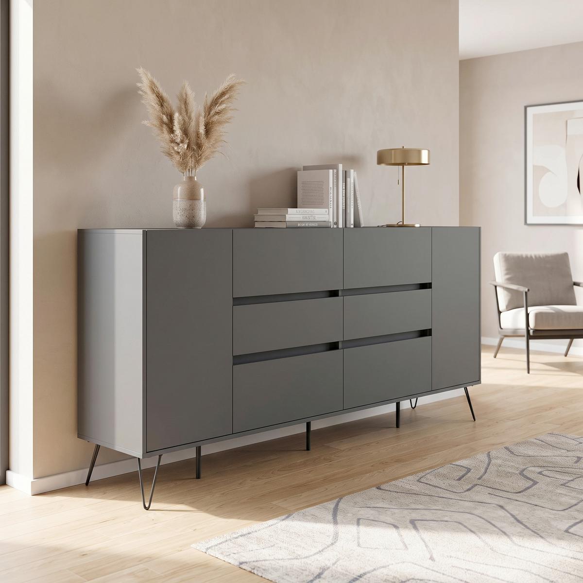 Sideboard Posseik Industrial Graphitfarben B: 199 cm - Graphitfarben/Schwarz, Design, Holzwerkstoff (199/93,6/42cm) - MID.YOU