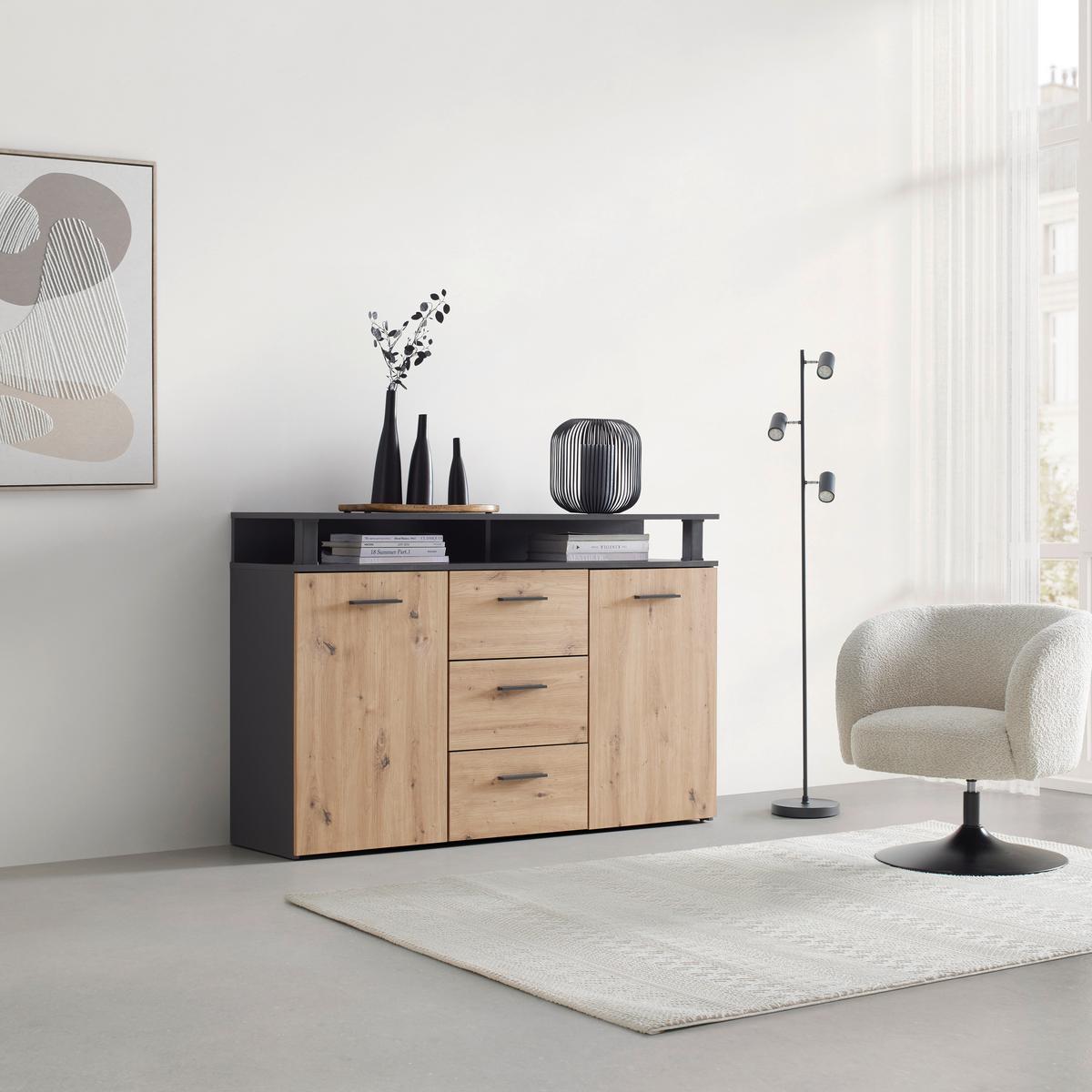 ŠIROKÁ KOMODA MONTANA -EXKLUSIV- - antracitová/dub artisan, Modern, kompozitné drevo/plast (140/90,6/38cm) - Mömax