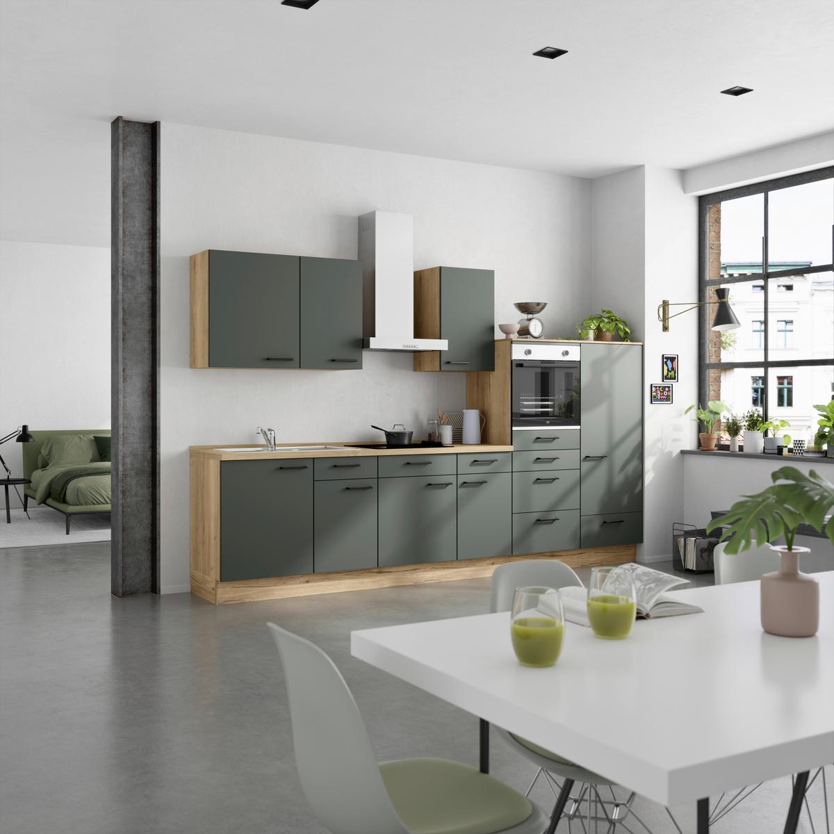 Küchenleerblock Easytouch Low-Line, L8 Rechts - Dunkelgrün/Eichefarben, MODERN, Holzwerkstoff (330cm) - Nobilia
