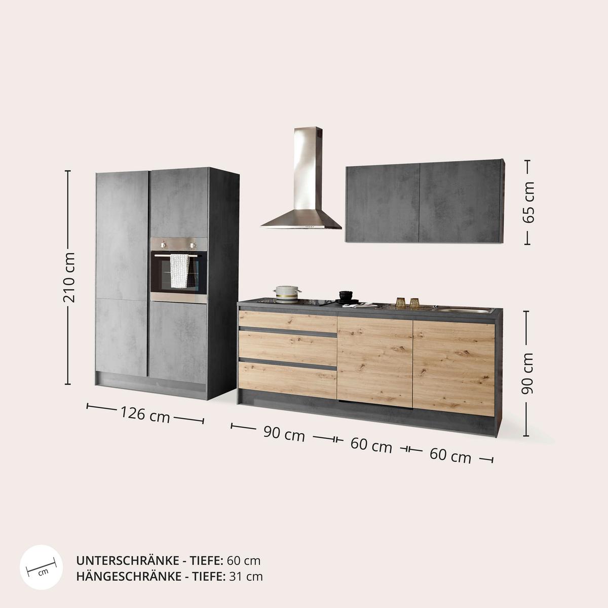 Kuchynský blok TROJA bez spotrebičov, š. 210+127 cm - antracitová/dub artisan, Design, kompozitné drevo (335cm) - MID.YOU