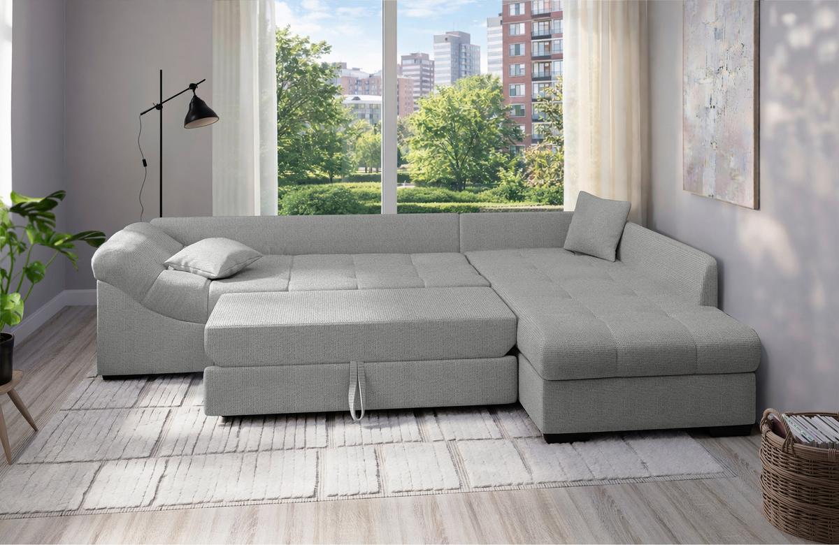 Eckschlafsofa Alvito Silberfarben S: 298x202 cm - Silberfarben/Schwarz, MODERN, Textil (298/202cm) - MID.YOU