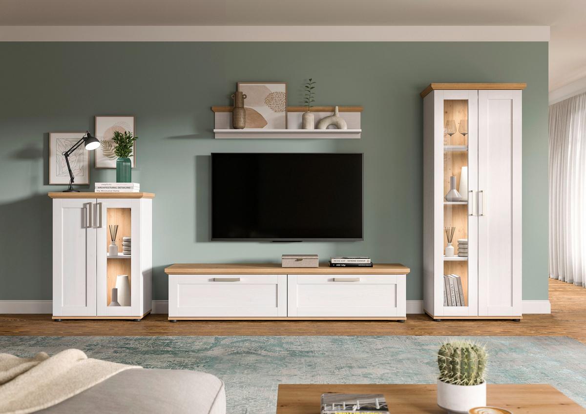 Wohnwand Verona Lärchefarben /Eiche Dekor B: 316cm - Lärchefarben/Schwarz, Design, Holzwerkstoff (316/161/40cm) - Livetastic