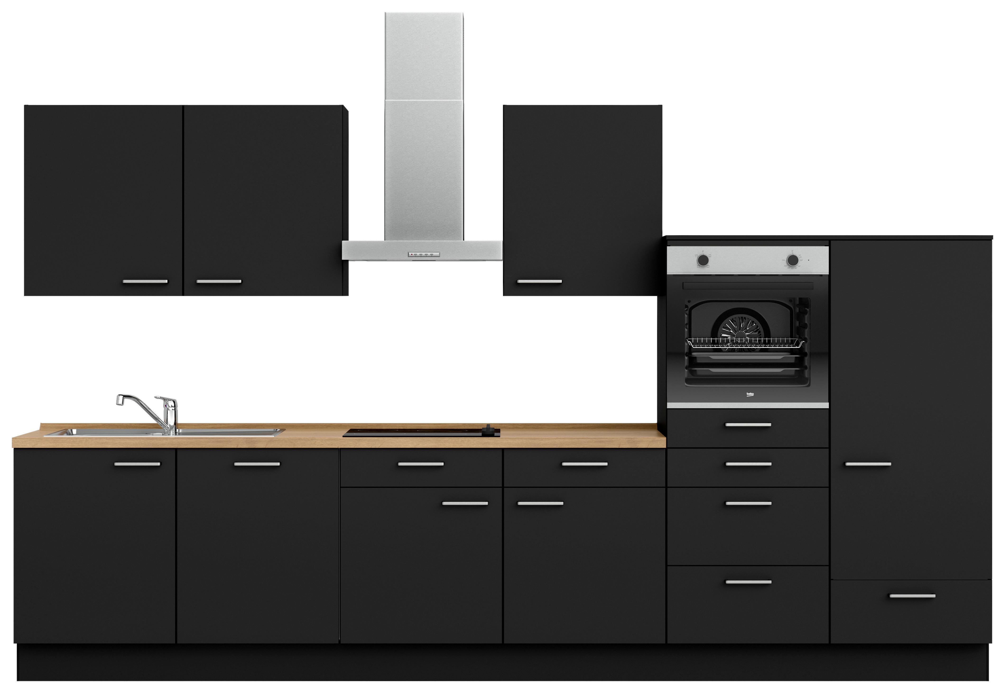 Kuchyňská linka 360 cm, černá matná - černá/barvy dubu, Moderní, kov/kompozitní dřevo (360cm) - Nobilia