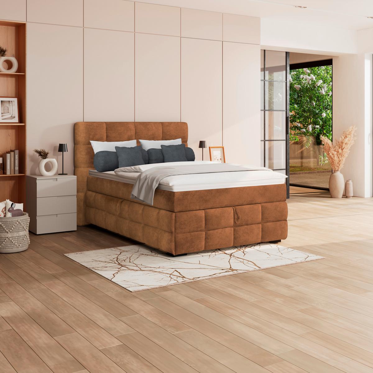 Čalouněná postel VEGA 140x200 cm, rezavá - černá/rezavá, Trend, dřevo/textil (140/200cm)