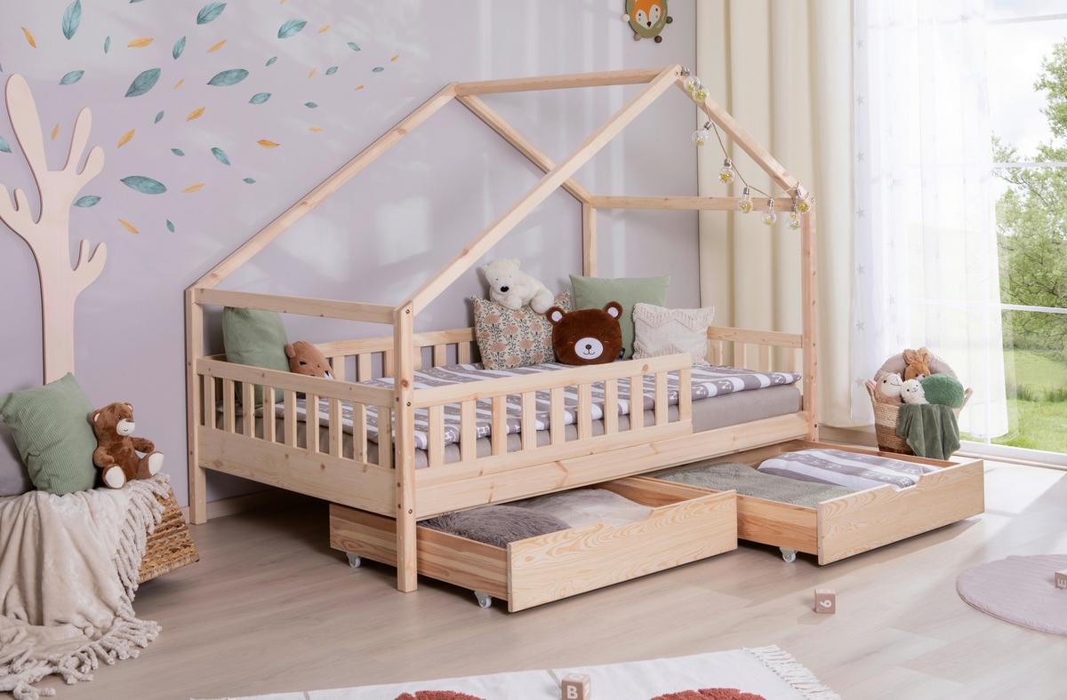 Hausbett Lou Bettschublade Naturfarben B: 120 cm - Naturfarben/Weiß, MODERN, Holz/Textil (120/200cm) - MID.YOU