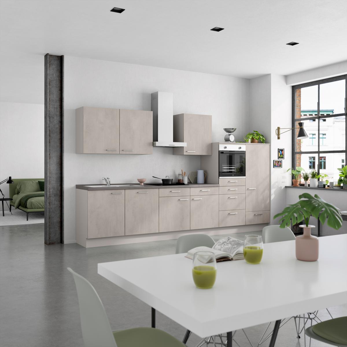 Kuchynská linka 360 cm, betónová sivá - sivá/farba ušľachtilej ocele, Modern, kov/kompozitné drevo (360cm) - Nobilia