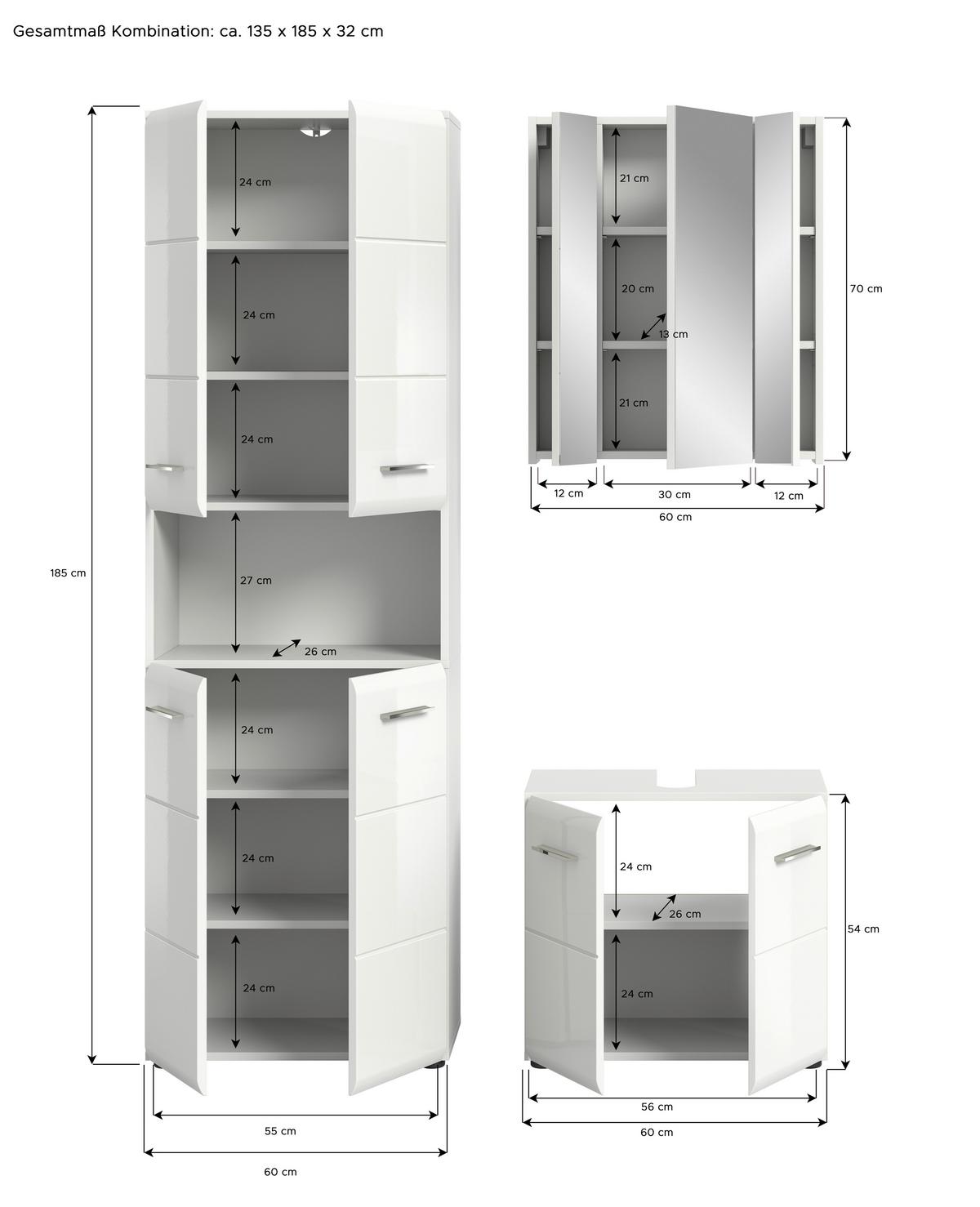 Kúpeľňa Ice, 3-dielna, biela - čierna/biela s vysokým leskom, Modern, kompozitné drevo/plast (120cm) - MID.YOU