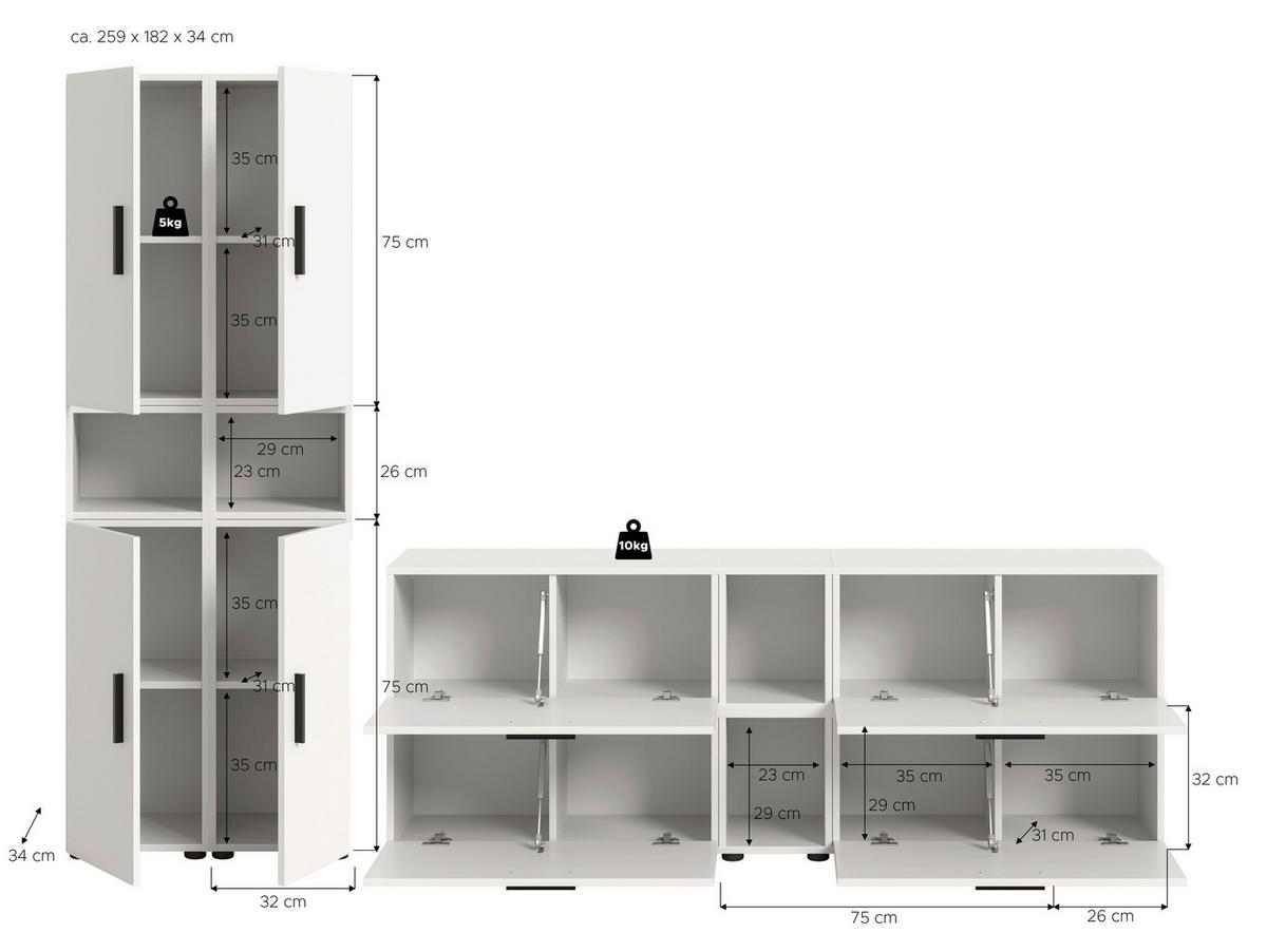 Wohnwand, The ONE 3, B: 300 cm Weiss - Schwarz/Weiß, Trend, Holzwerkstoff (260/182/34cm)