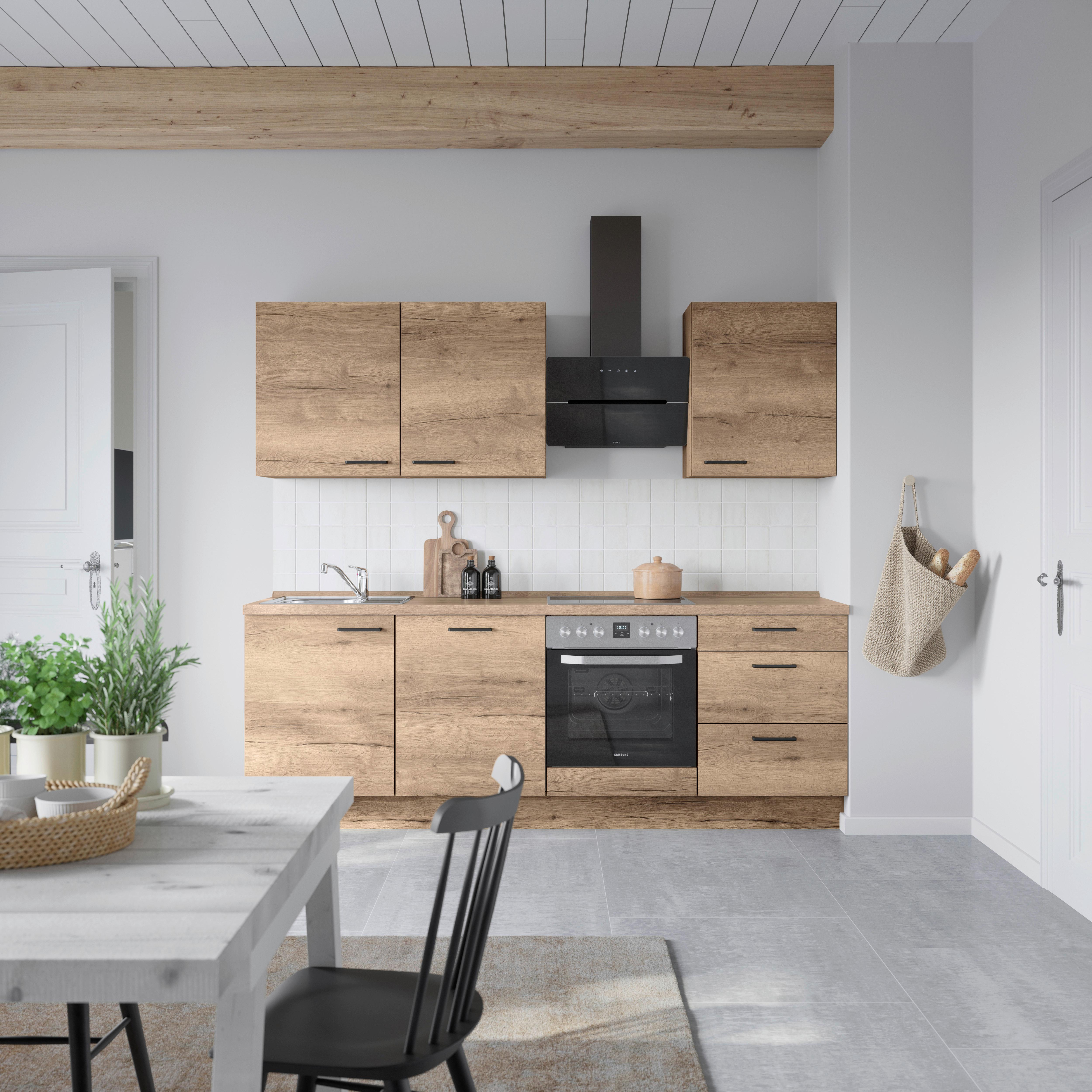 Kuchyňská linka 240 cm, dekor dub Havanna - černá/tmavý dub, Moderní, kov/kompozitní dřevo (240cm) - Nobilia