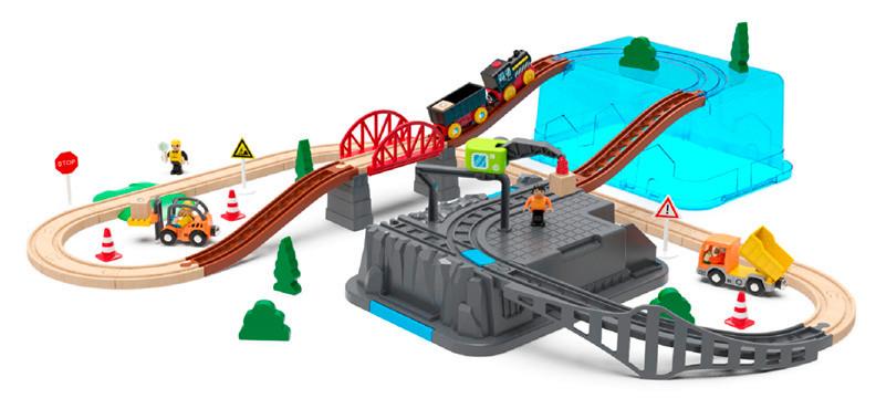 Holz Eisenbahn Spielzeug-Set 55 -Teilig. mit Figuren,bäumen +box - Blau/Gelb, Trend, Holz/Kunststoff (85/75/15cm)