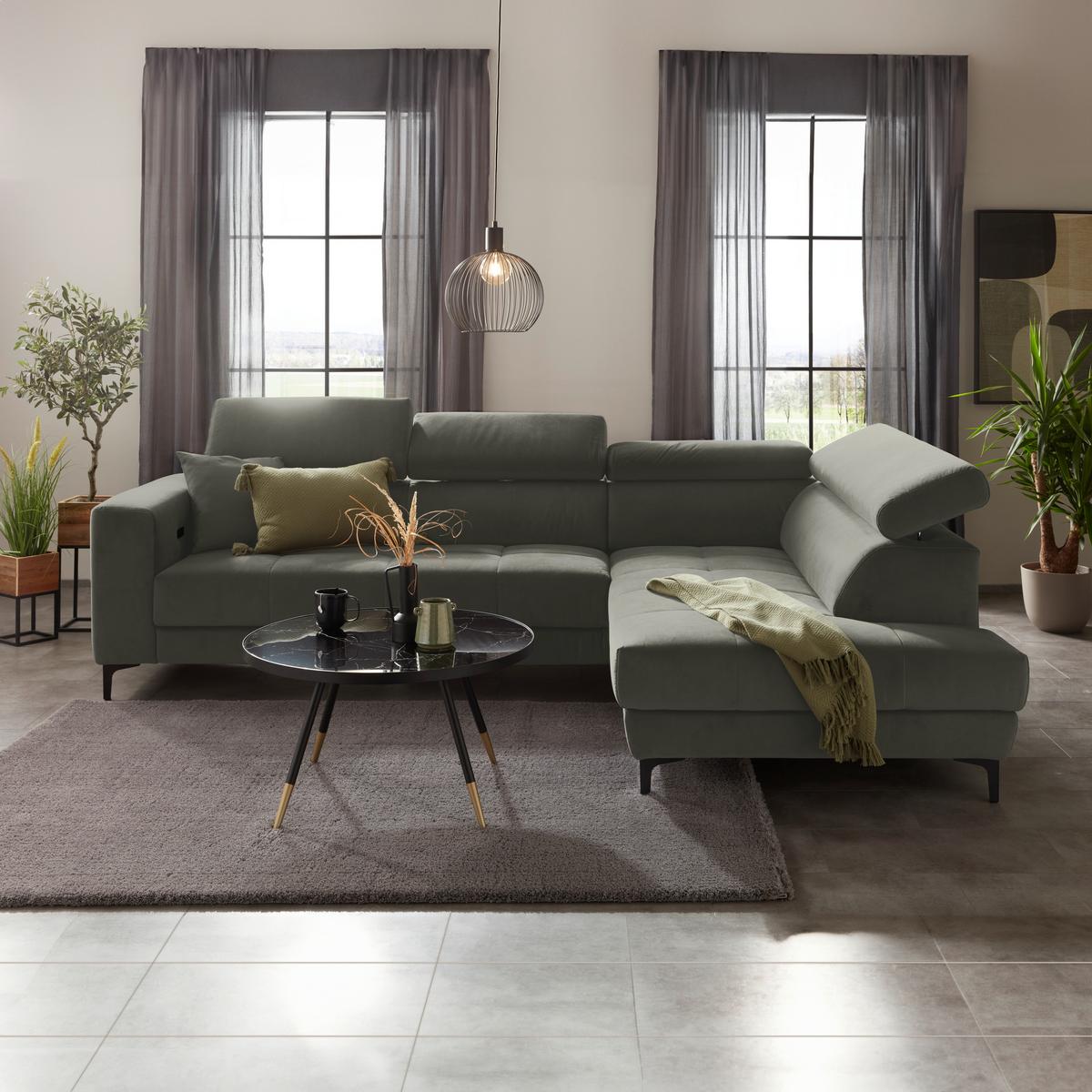 Rohová sedačka EMMA, pravá, šedozelená,op.hl.,USB,el.výsuv - černá/šedozelená, Moderní, textil (301/210cm) - Premium Living