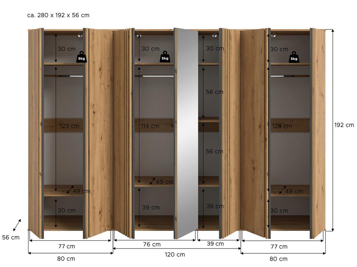 Drehtürenschrank Tofta Eiche Dekor/Anthrazit B: 280cm - Anthrazit/Eiche Artisan, ROMANTIK / LANDHAUS, Holzwerkstoff (280/192/56cm) - Livetastic