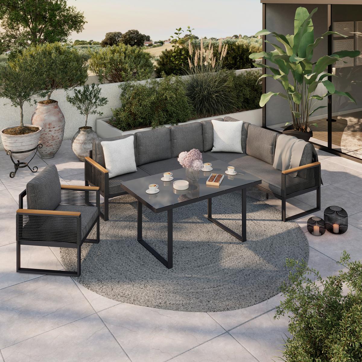 Loungegarnitur Orlando - Dunkelgrau/Naturfarben, MODERN, Glas/Kunststoff (245,5/182cm) - Beldano