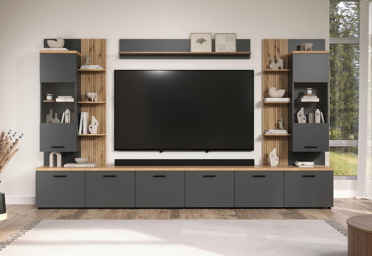 Wohnwand Baggio Anthrazit/Eichefarben B: 360cm - Eichefarben/Anthrazit, Design, Glas/Holzwerkstoff (360/212/40cm) - MID.YOU
