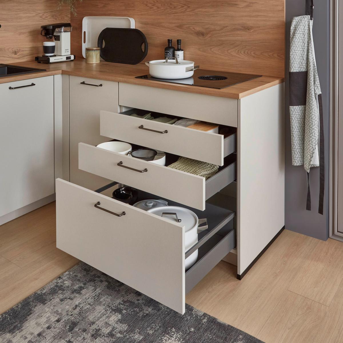 Eckküche Lucca - Sandfarben/Eichefarben, Trend, Holzwerkstoff (283,2/191,6cm) - Vertico