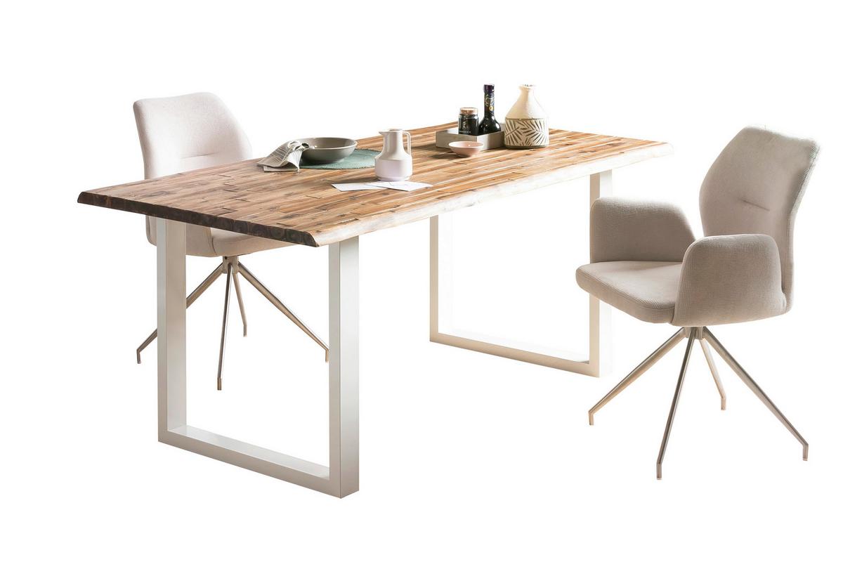 Esstisch Akazie Massiv/weiß 140x80 - Weiß/Naturfarben, MODERN, Holz/Metall (140/80/75cm) - Livetastic