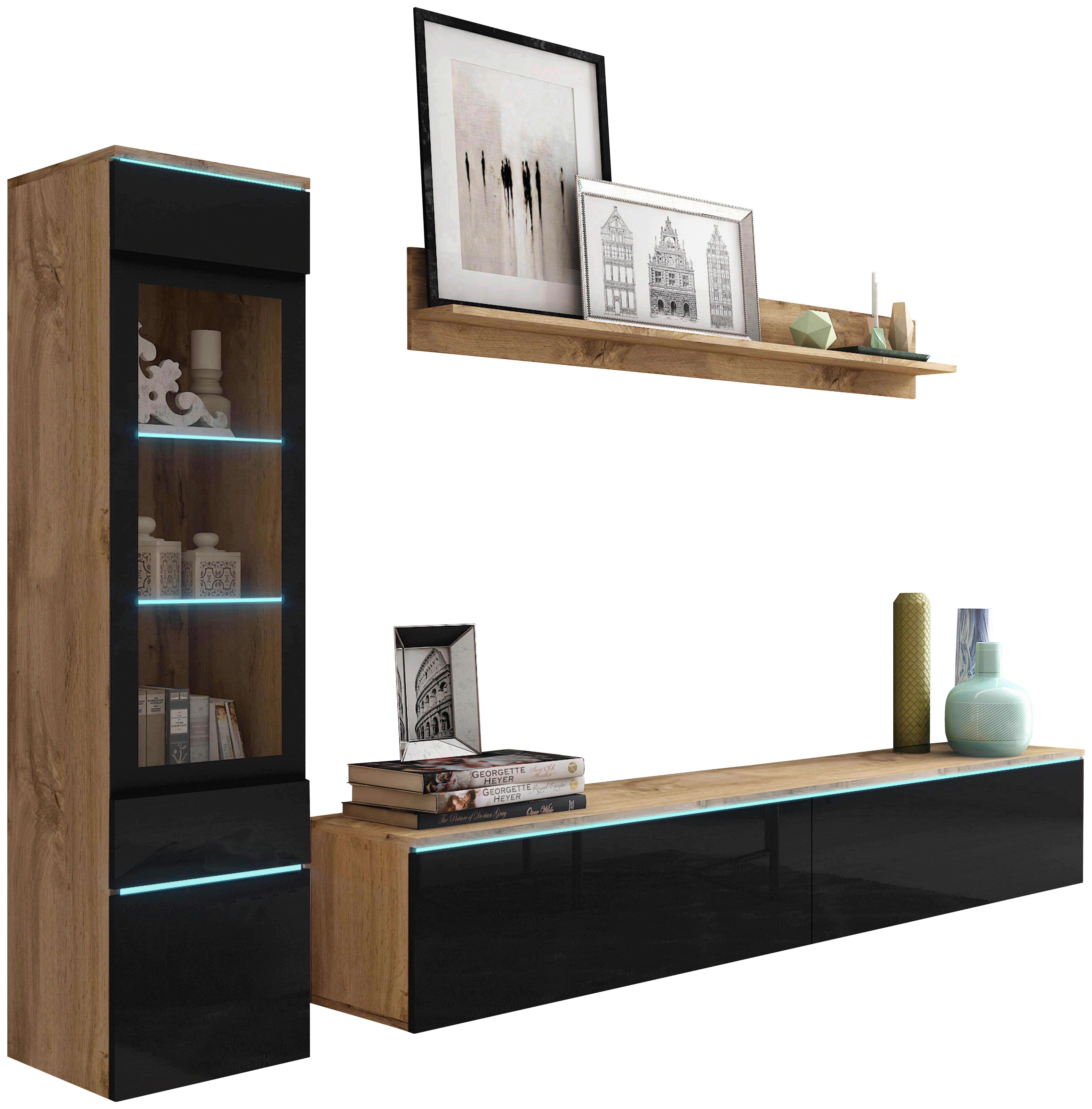 Wohnkombination 3--Teilig. + LED Vera Schwarz/Eiche Dekor