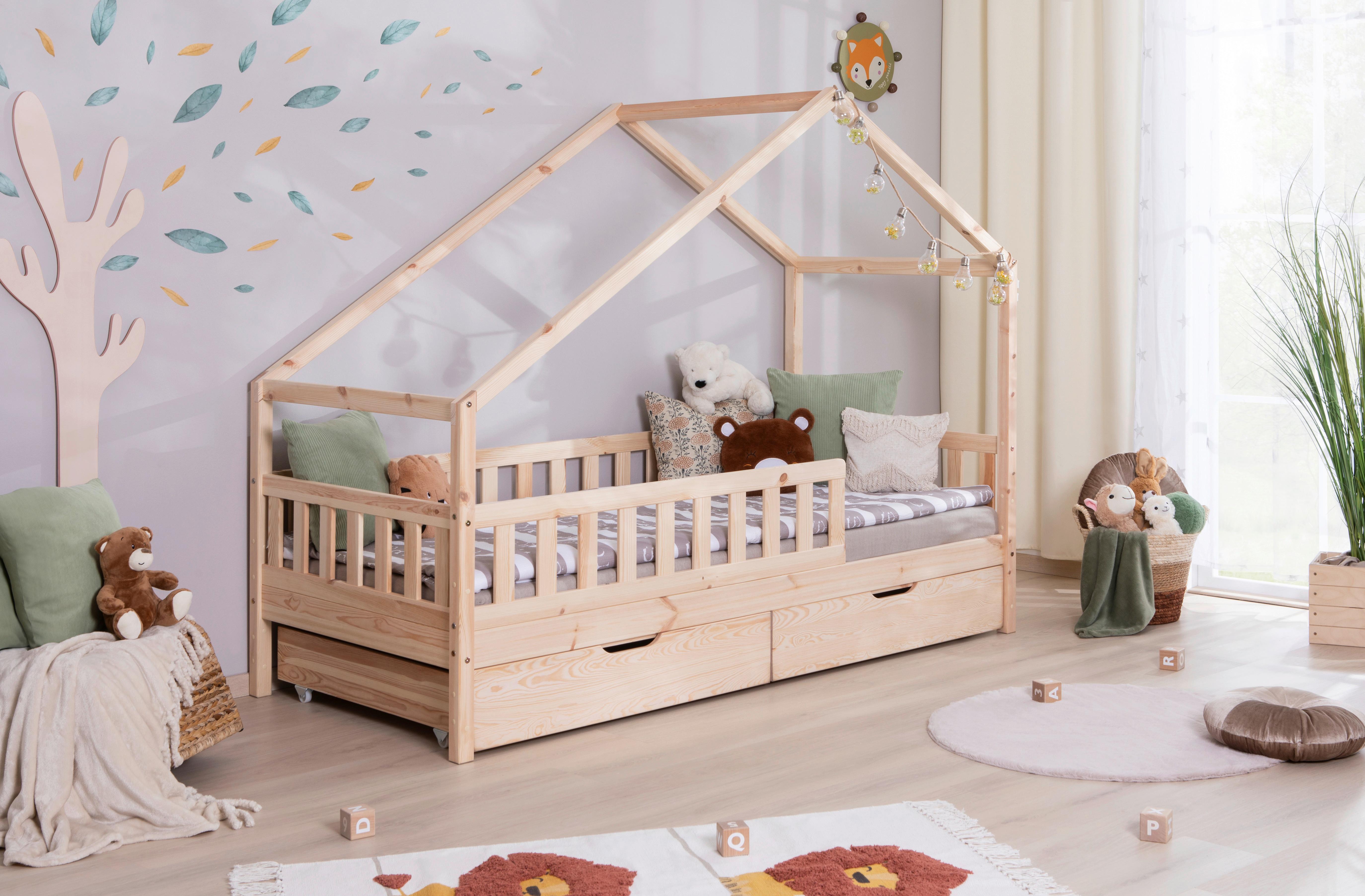 Hausbett Lou Bettschublade Naturfarben B: 90 Cm - Naturfarben/Weiß, MODERN, Holz/Textil (90/200cm) - MID.YOU