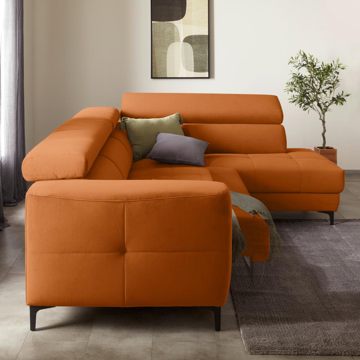 Rohová sedačka EMMA, pravá, oranžová,op.hl.,USB,el.výsuv - oranžová/černá, Moderní, textil (301/210cm) - Premium Living