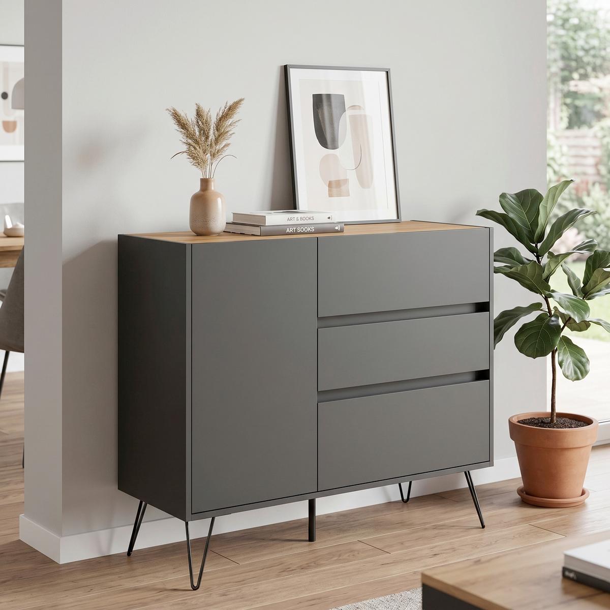 Sideboard Posseik Industrial Graphitfarben/Eichef. B: 99 cm - Eichefarben/Graphitfarben, Design, Holzwerkstoff (99/93,6/42cm) - MID.YOU