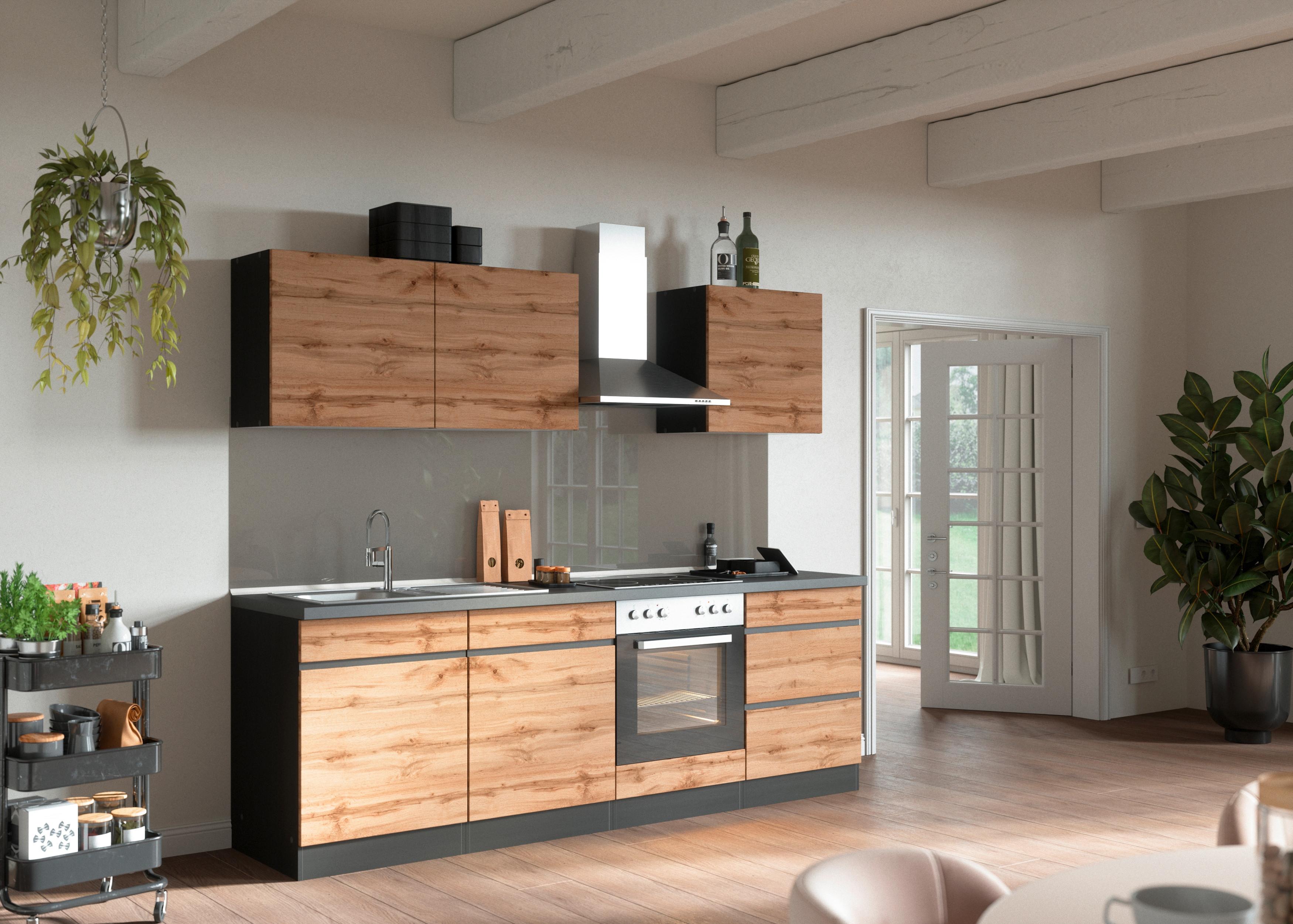 Küchenzeile Turin ohne Geräte 240 cm Graphitfarben/Eichef. - Eiche Wotan/Graphitfarben, Design, Holz/Holzwerkstoff (240cm) - Held