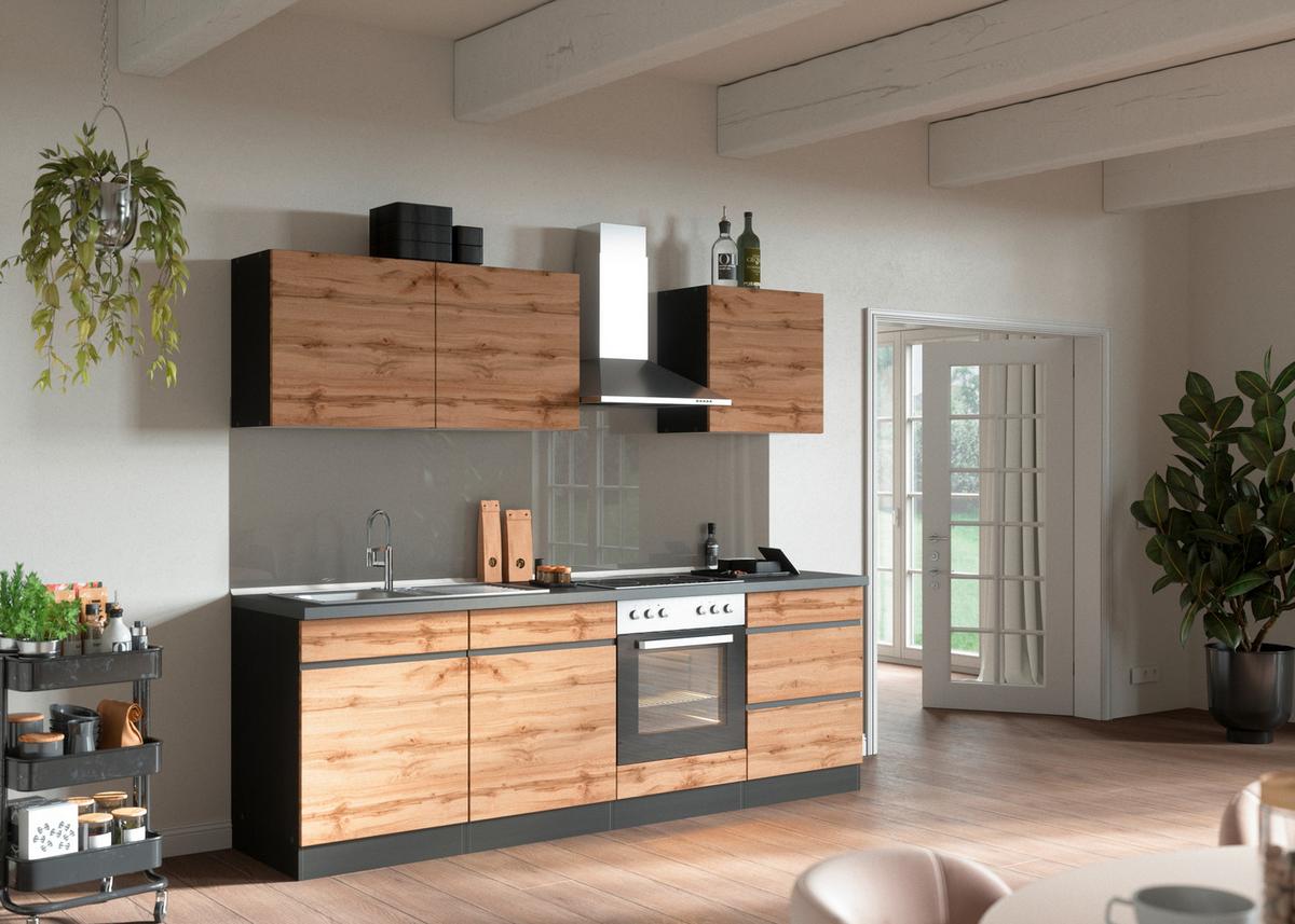 Küchenzeile Turin mit Geräten B: 240 cm Graphitfarben/Eiche - Eiche Wotan/Graphitfarben, Design, Holzwerkstoff (240cm) - Held