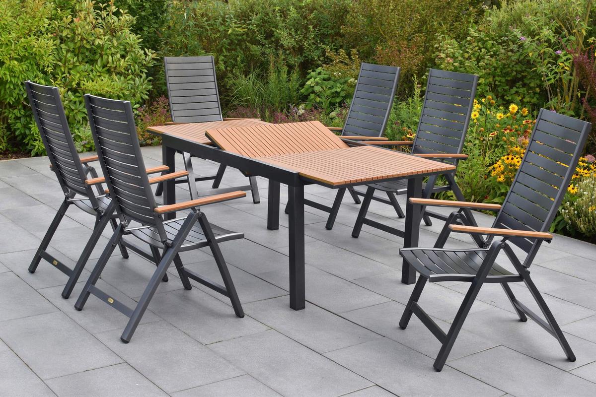 Gartentischgruppe Astros 7 -Teilig. Graphitfarben/Natur - Graphitfarben/Naturfarben, KONVENTIONELL, Kunststoff/Metall - Gardenson