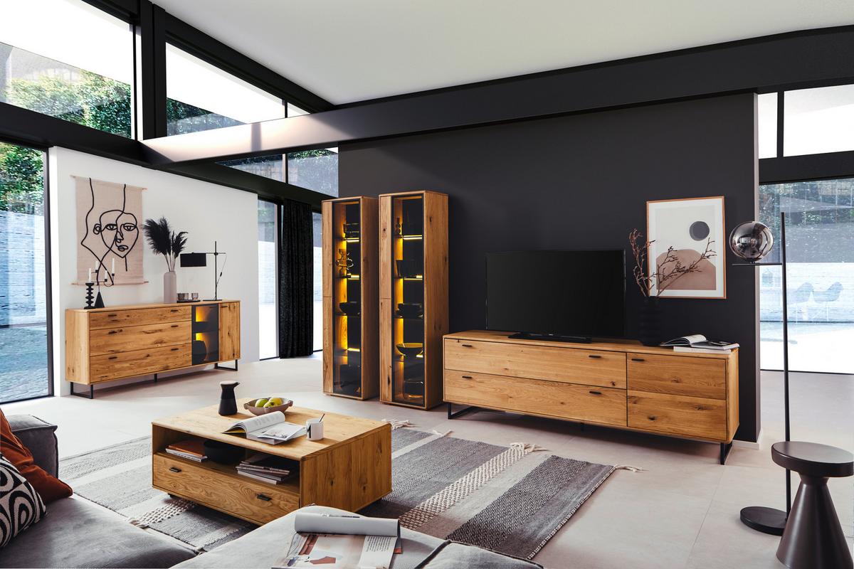 Wohnwand Arezzo Wildeiche B: 333 cm - Wildeiche/Anthrazit, Design, Glas/Holz (333/190/50cm) - MID.YOU