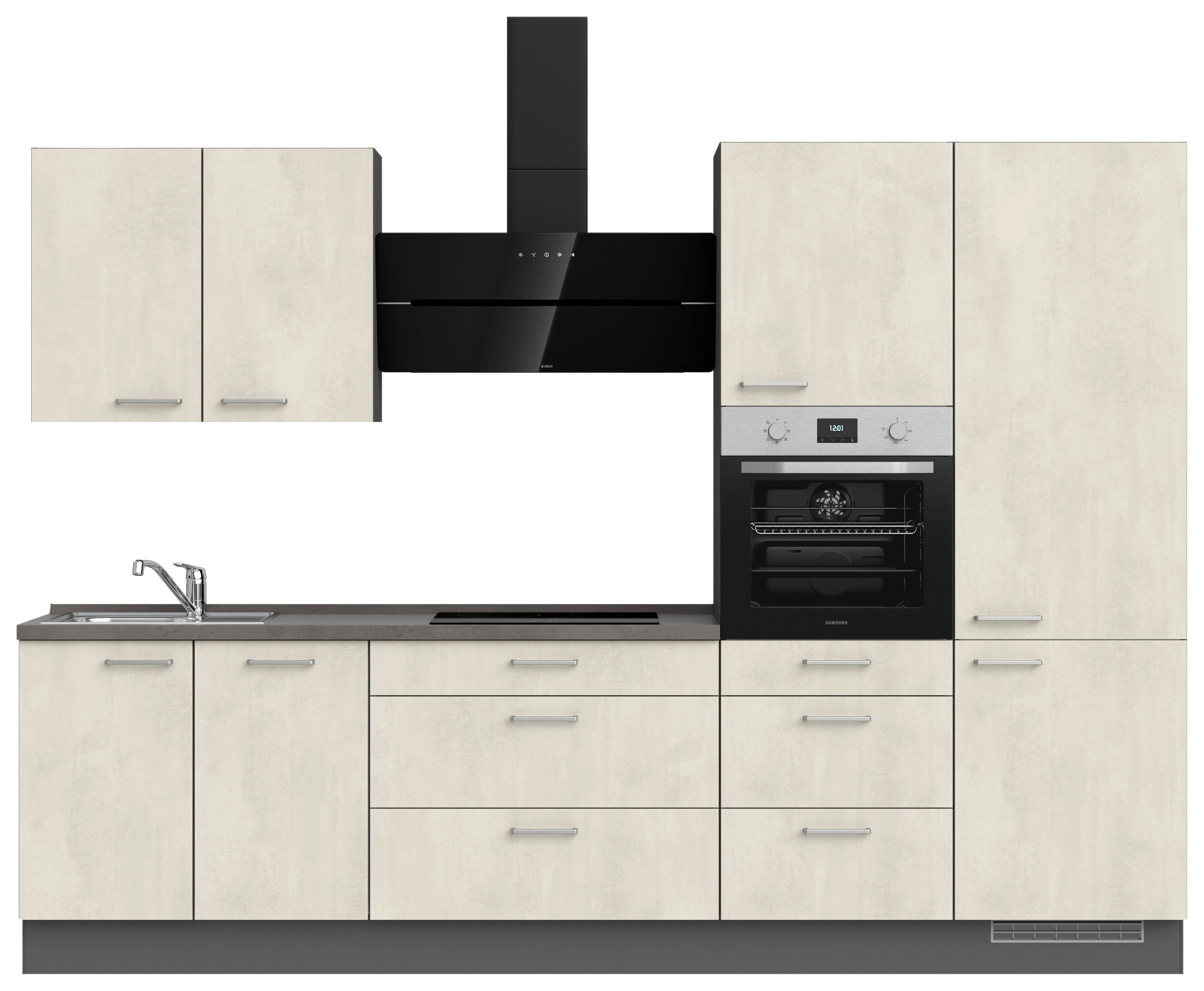 Kuchynská linka 300CM biely betón/ bridlicová šedá - biela/farba ušľachtilej ocele, Modern, kov/kompozitné drevo (300cm) - Nobilia