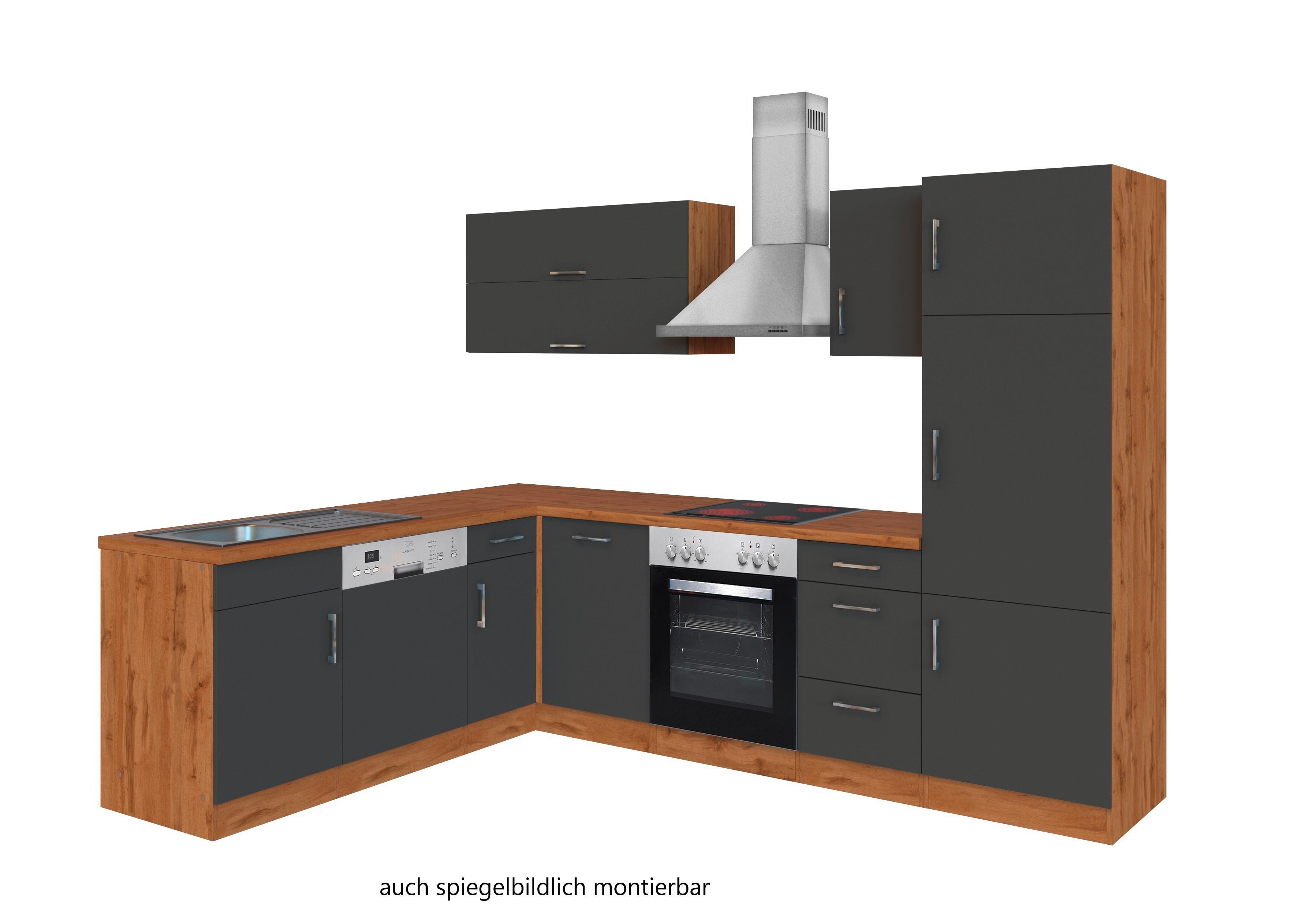 Eckküche Winkelblock Mit Geräten 270x210 cm Anthrazit - Anthrazit/Eiche Wotan, MODERN, Holzwerkstoff (210/270cm) - Held