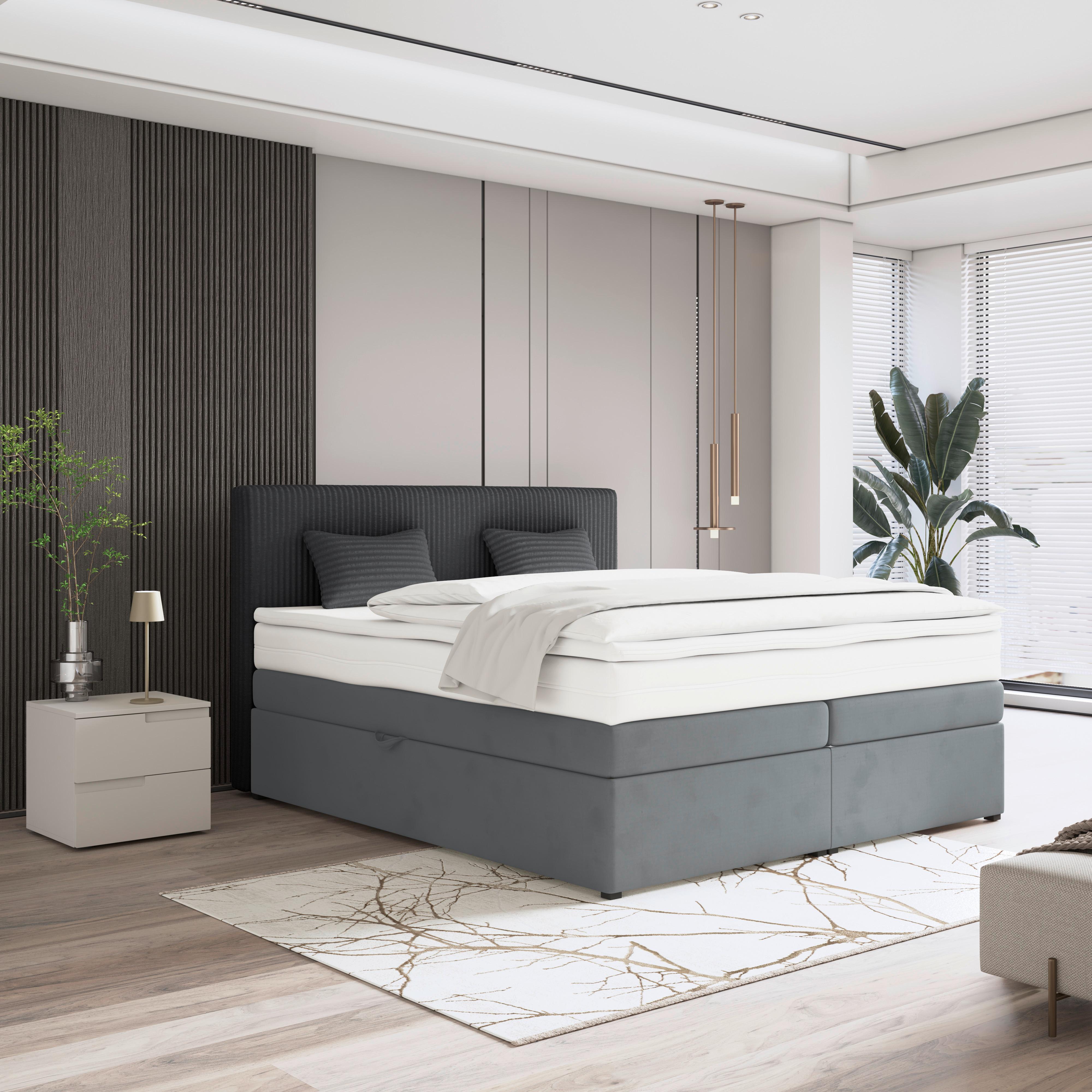 Boxspringbett Mit Topper & Bettkasten 160x200 Rossa - Blaugrau/Schwarz, MODERN, Holzwerkstoff/Textil (160/200cm)