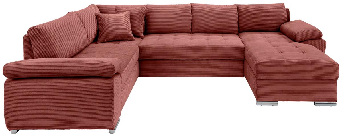 Wohnlandschaft Terana mit Schlaffunktion, Koralle - Chromfarben/Koralle, KONVENTIONELL, Textil (219/305/157cm) - Livetastic
