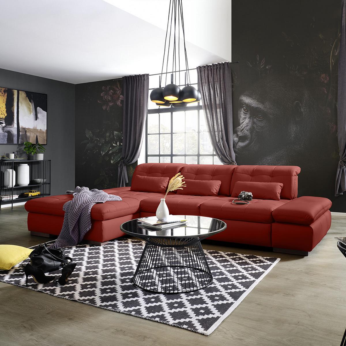 Rohová sedačka SANFINO, ľavá, červená pravá koža - chrómová/červená, Konventionell, kov/koža (199/79-96/305cm) - Premium Living