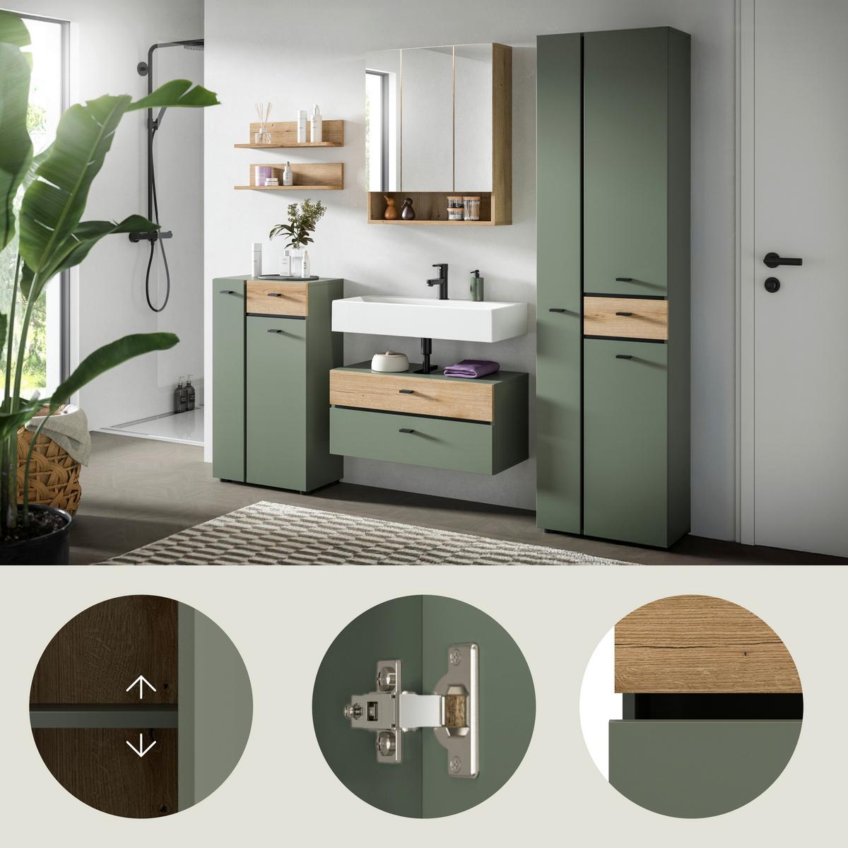 Badezimmer Aqua Grün/Eichefarben B: 177cm - Eichefarben/Schwarz, Trend, Glas/Holzwerkstoff (177cm) - MID.YOU