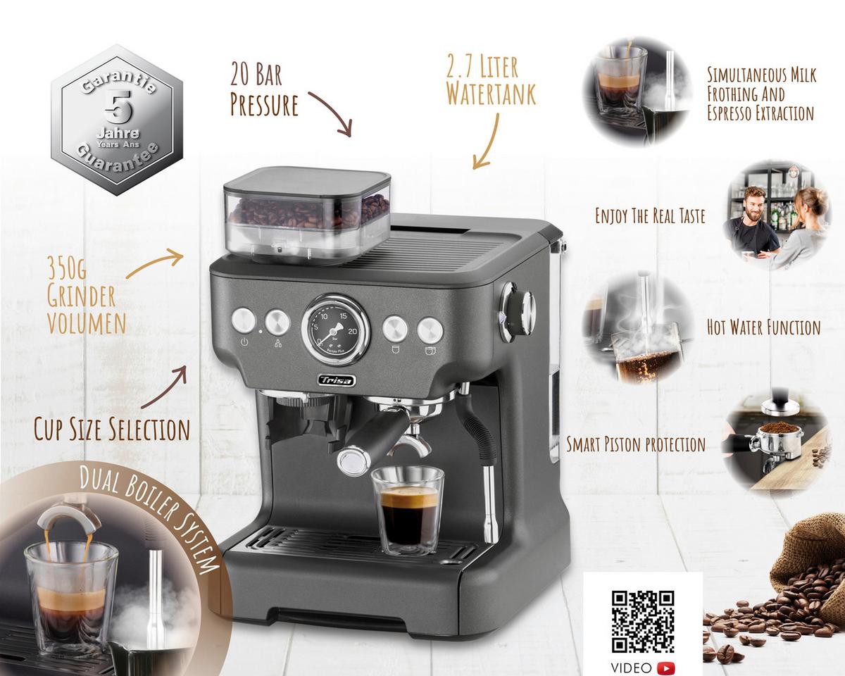 Espressomaschine Barista Plus 20 Bar 2,7 L für 2 Tassen - Akaziefarben, Basics, Metall (32,5/41/28cm) - Trisa Electronics