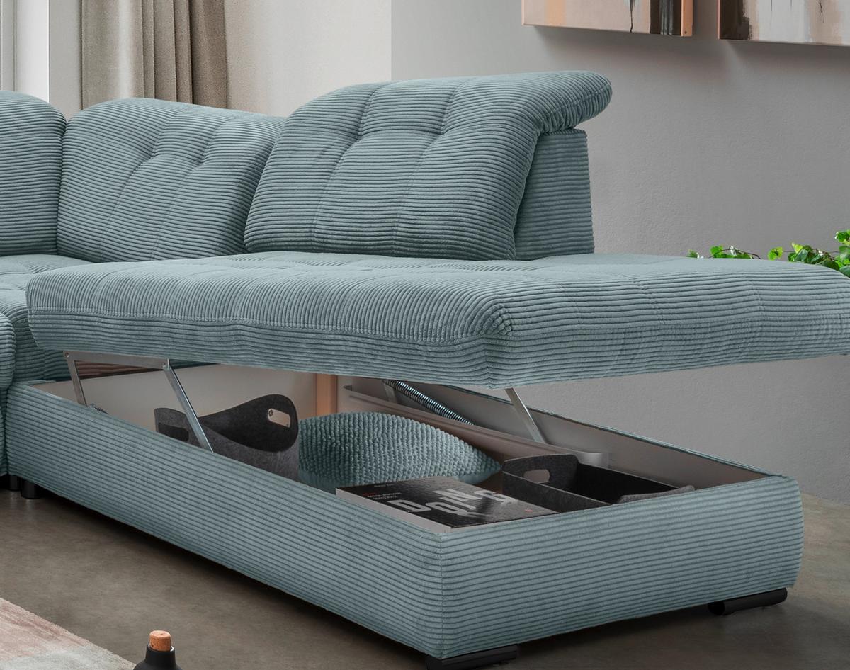 Wohnlandschaft Mit Bettkasten Rigatti Hellblau B: 387 Cm - Schwarz/Hellblau, MODERN, Textil (184/387/252cm) - Livetastic