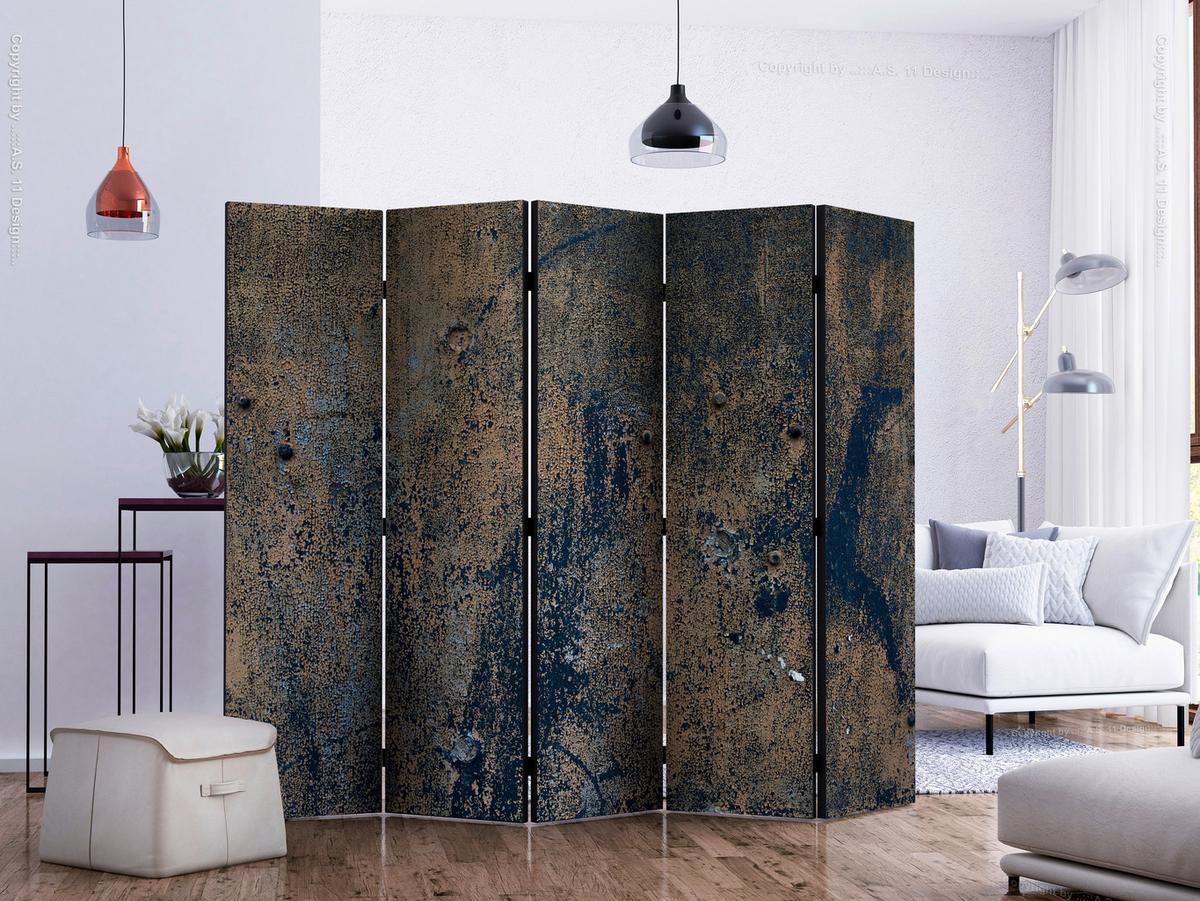 Paravent Goldfarben Dunkelblau B: 225cm - Goldfarben/Dunkelblau, Basics, Holz/Textil (225/172/3cm) - artgeist
