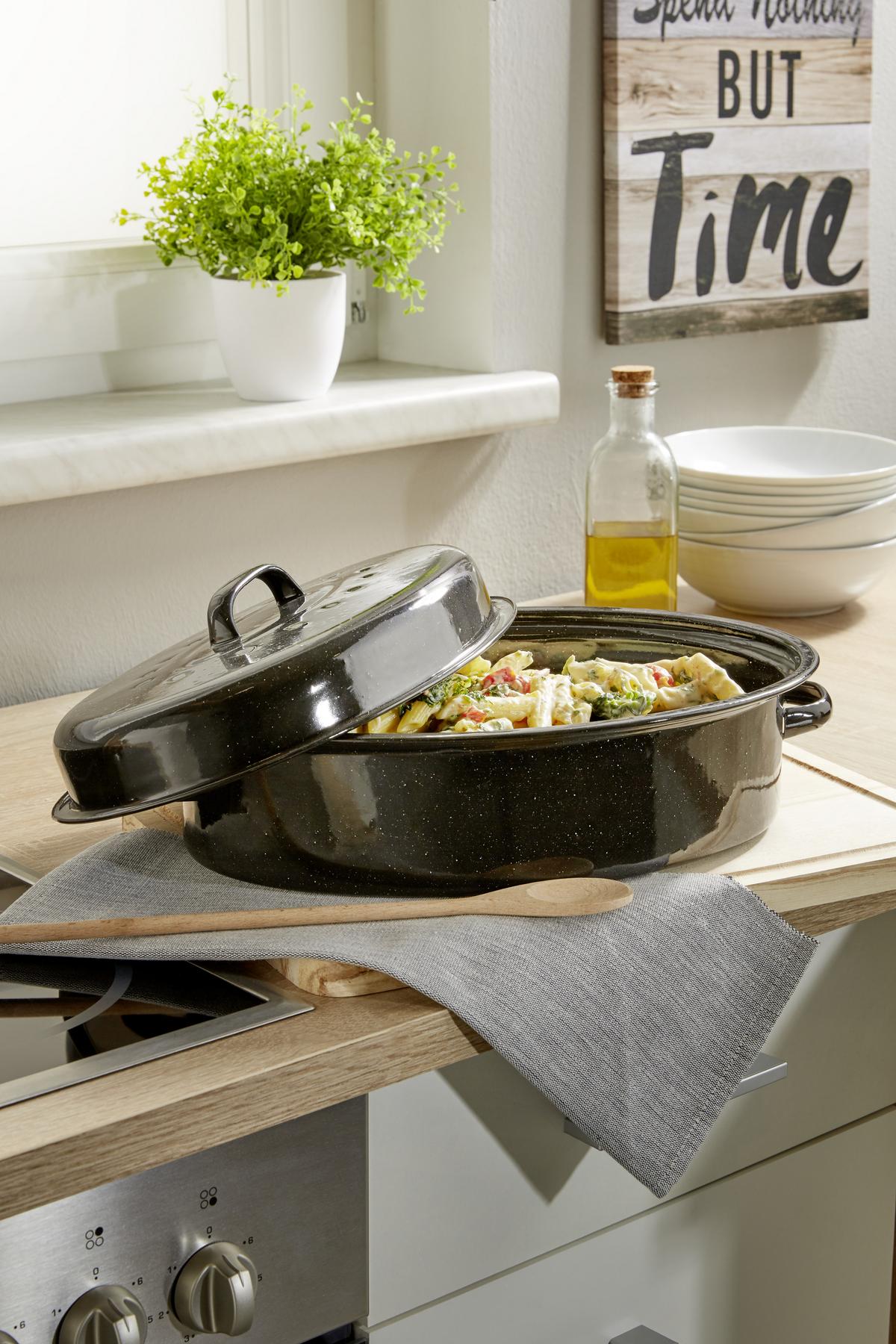 Bräter Carbonstahl mit Deckel Francis LxBxH: 37x27x14 cm - Schwarz/Weiß, MODERN, Metall (37/27/14cm) - Luca Bessoni