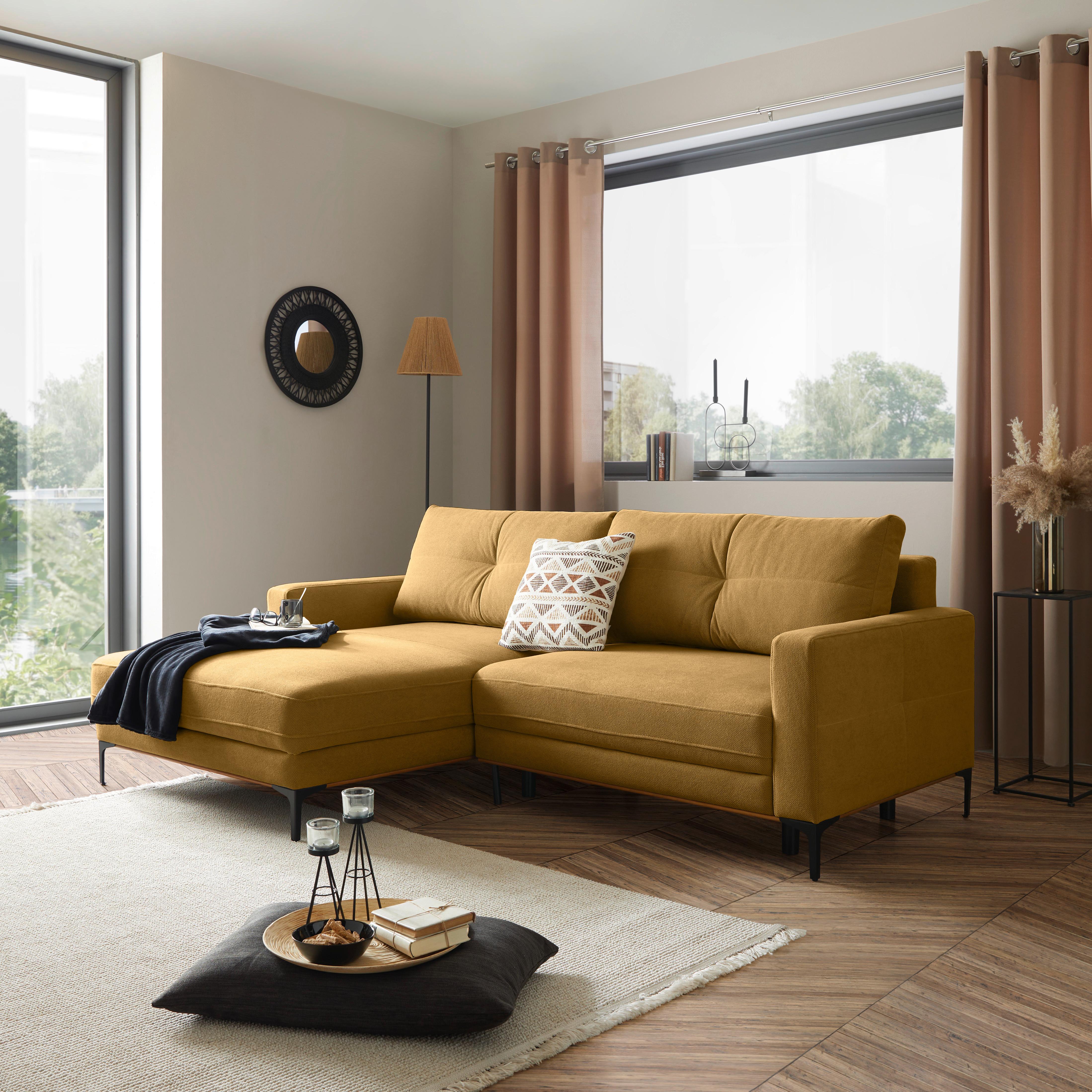 Ecksofa Bergamo - Gelb/Schwarz, MODERN, Textil (162/238cm) - Ondega