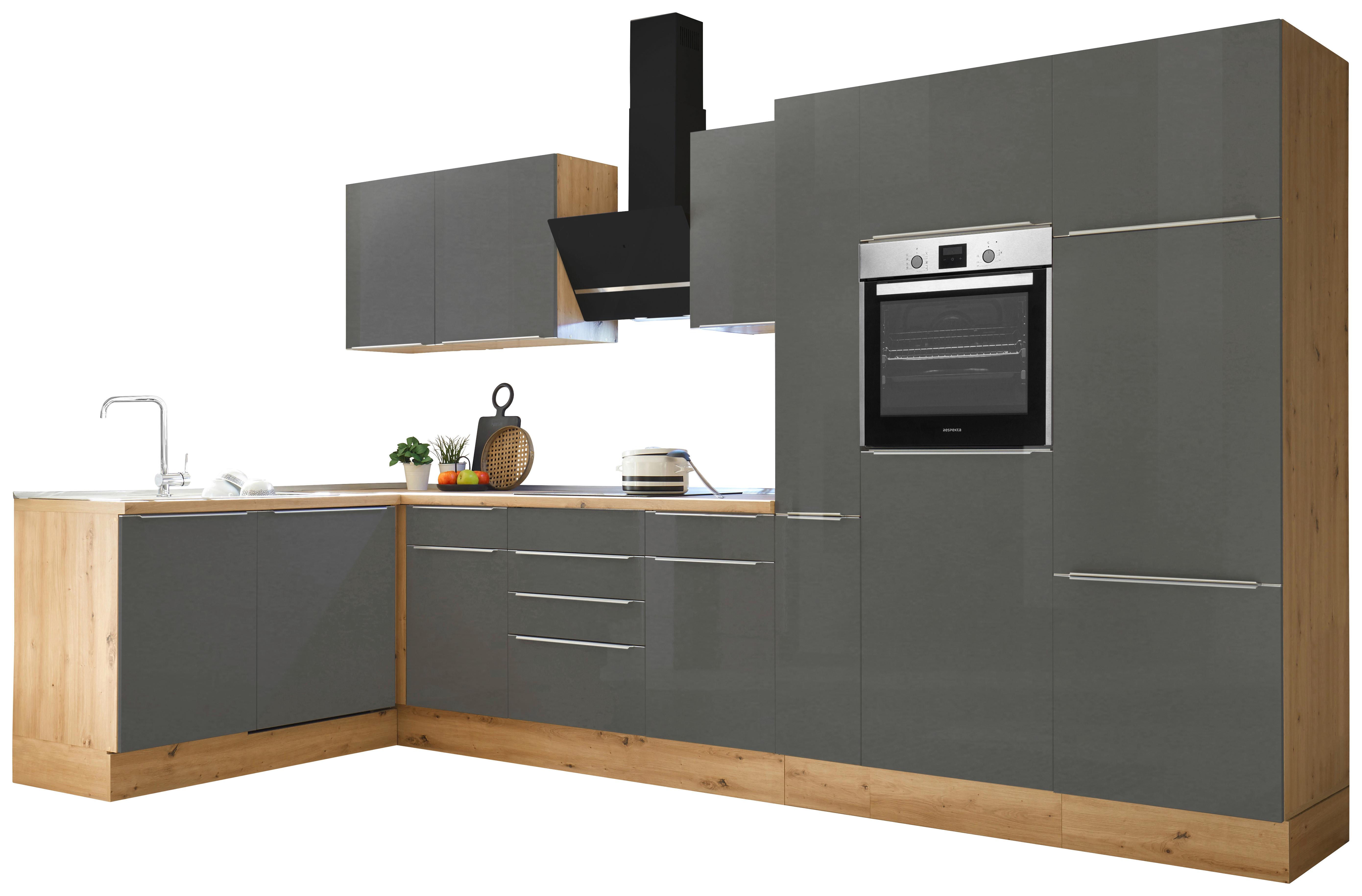 Eckküche mit Geräten 370x170 cm Grau/Eiche Dekor, Modern - Anthrazit/Eiche Artisan, LIFESTYLE, Holzwerkstoff (170/370cm) - Respekta