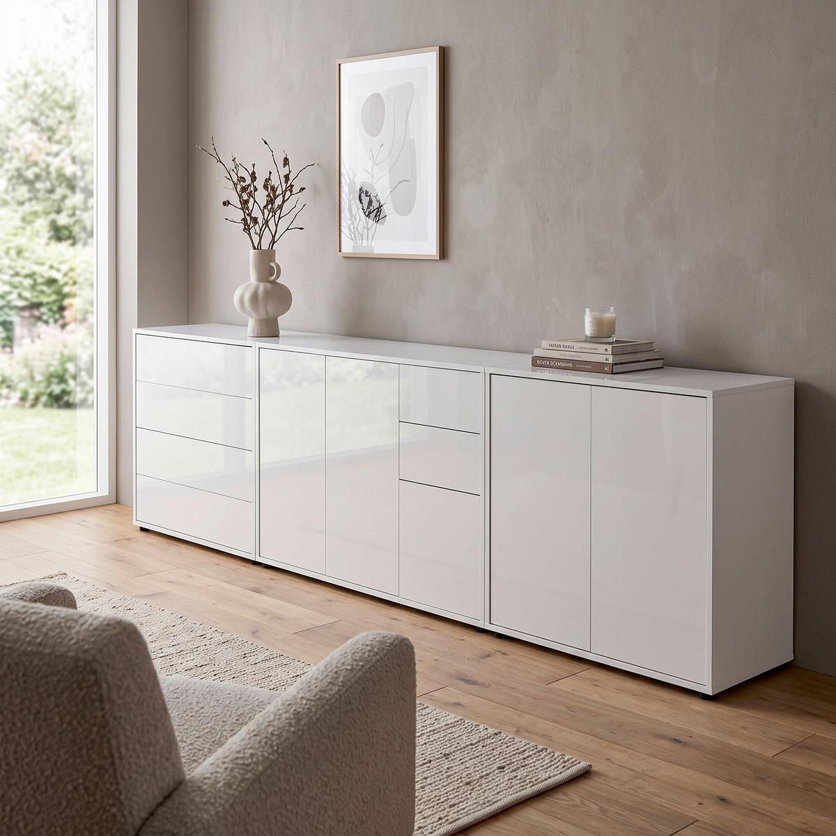 SIDEBOARD Mailand 7 B: 263,5 cm Weiß - Weiß Hochglanz/Schwarz, MODERN, Holzwerkstoff (263,5/73/33cm) - MID.YOU