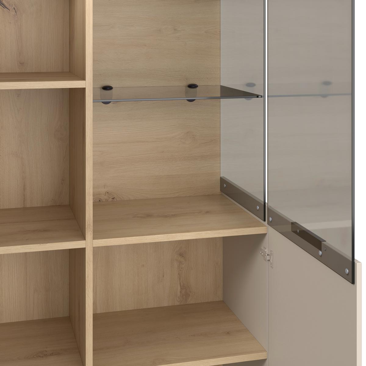 Highboard Darius Eiche Artisan/Kashmir,B:132cm - Kaschmir/Schwarz, Trend, Glas/Holzwerkstoff (132/148,3/37cm)