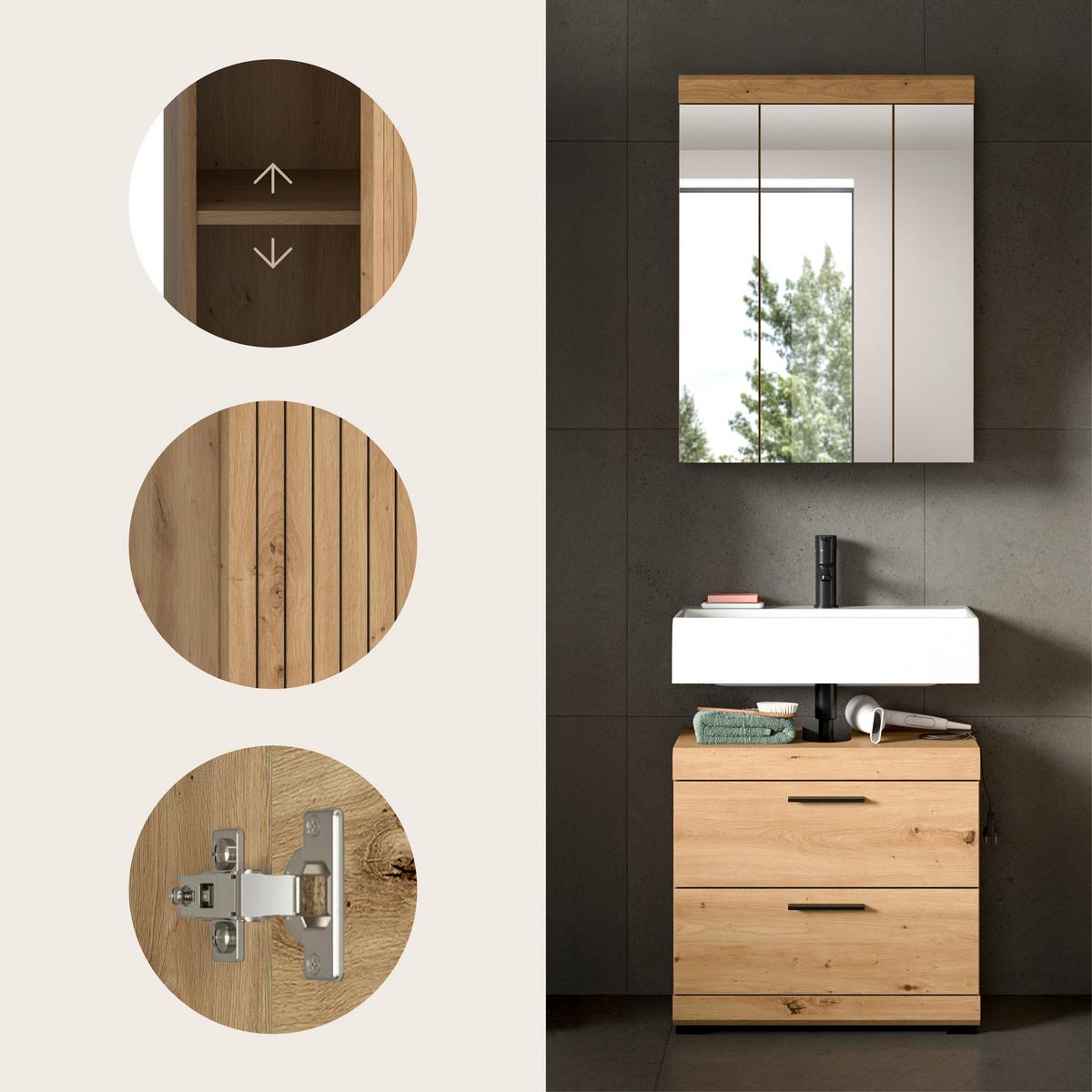 Badezimmer Scout Eiche Artisan Dekor B: 60cm - Schwarz/Eiche Artisan, Trend, Glas/Holzwerkstoff (60cm) - MID.YOU