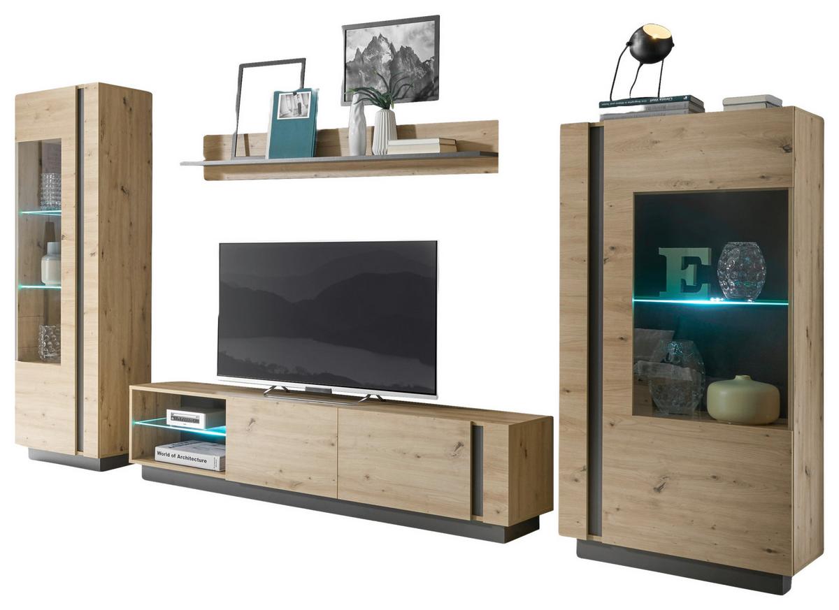Wohnwand Clair Grau/ Eiche Artisan Dekor B: 340cm - Eiche Artisan/Grau, Design, Glas/Holzwerkstoff (340/194/40cm) - MID.YOU